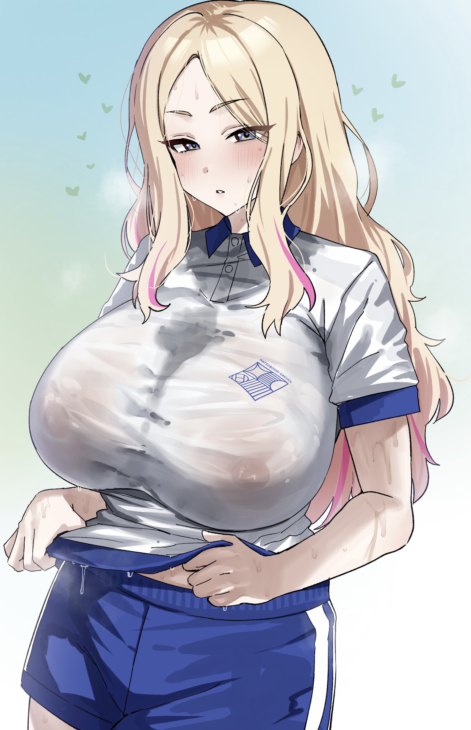 absurdres, blonde hair, breasts, buruma, clothes writing, collared shirt, female, grey eyes, gym shirt, gym shorts, gym uniform, highres, hotate-chan, huge breasts, multicolored hair, nipples, original, pink hair, polo shirt, see-through clothes, see-through shirt, shirt, short sleeves, shorts, streaked hair, sweat, tsurime, two-tone hair, wet, wet clothes, wet shirt, white shirt