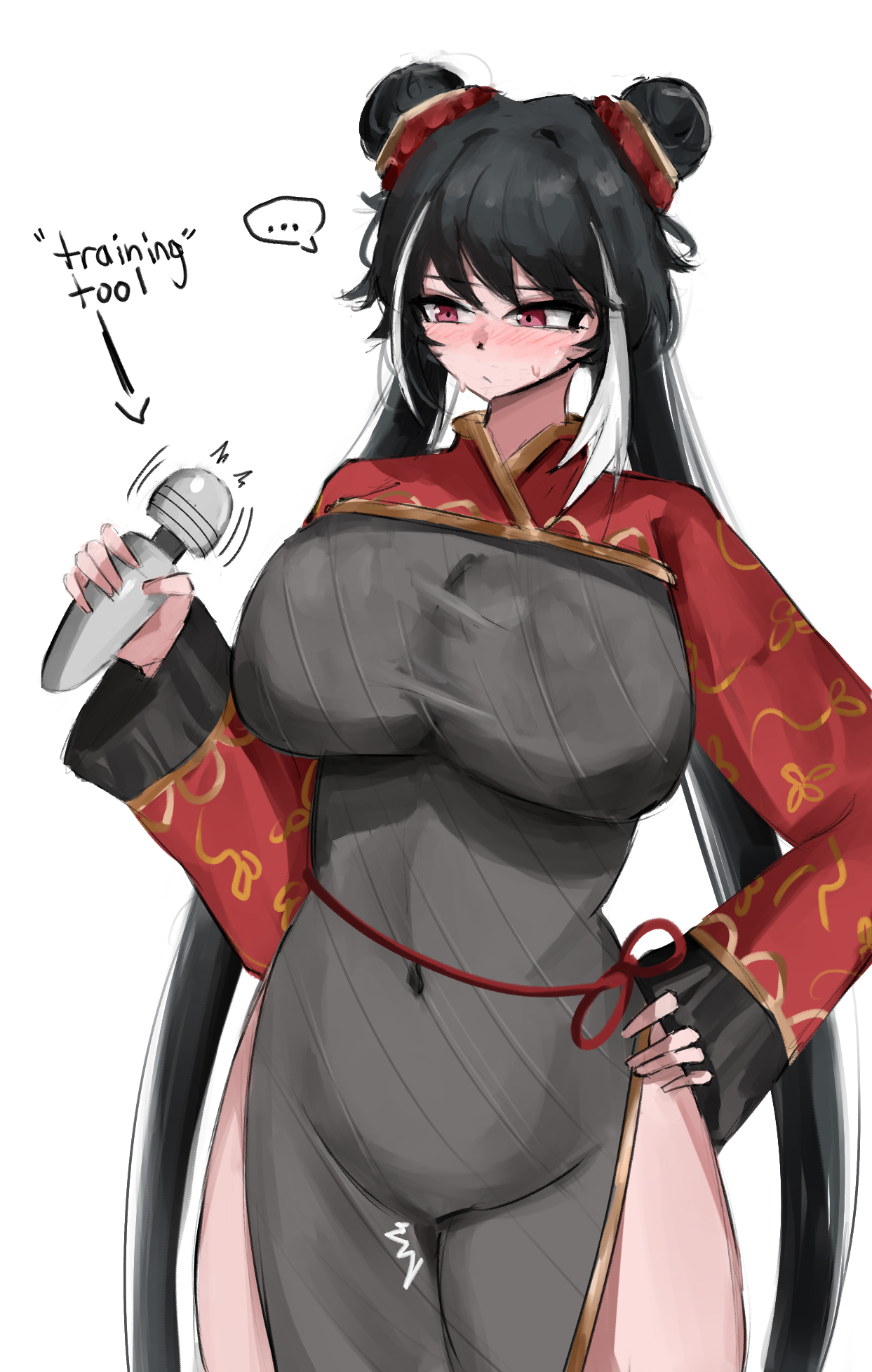 1girls, big breasts, black hair, breasts, female, hair bun, hitachi magic wand, jia xichun (limbus company), limbus company, project moon, sex toy, vibrator, www1 (artist)