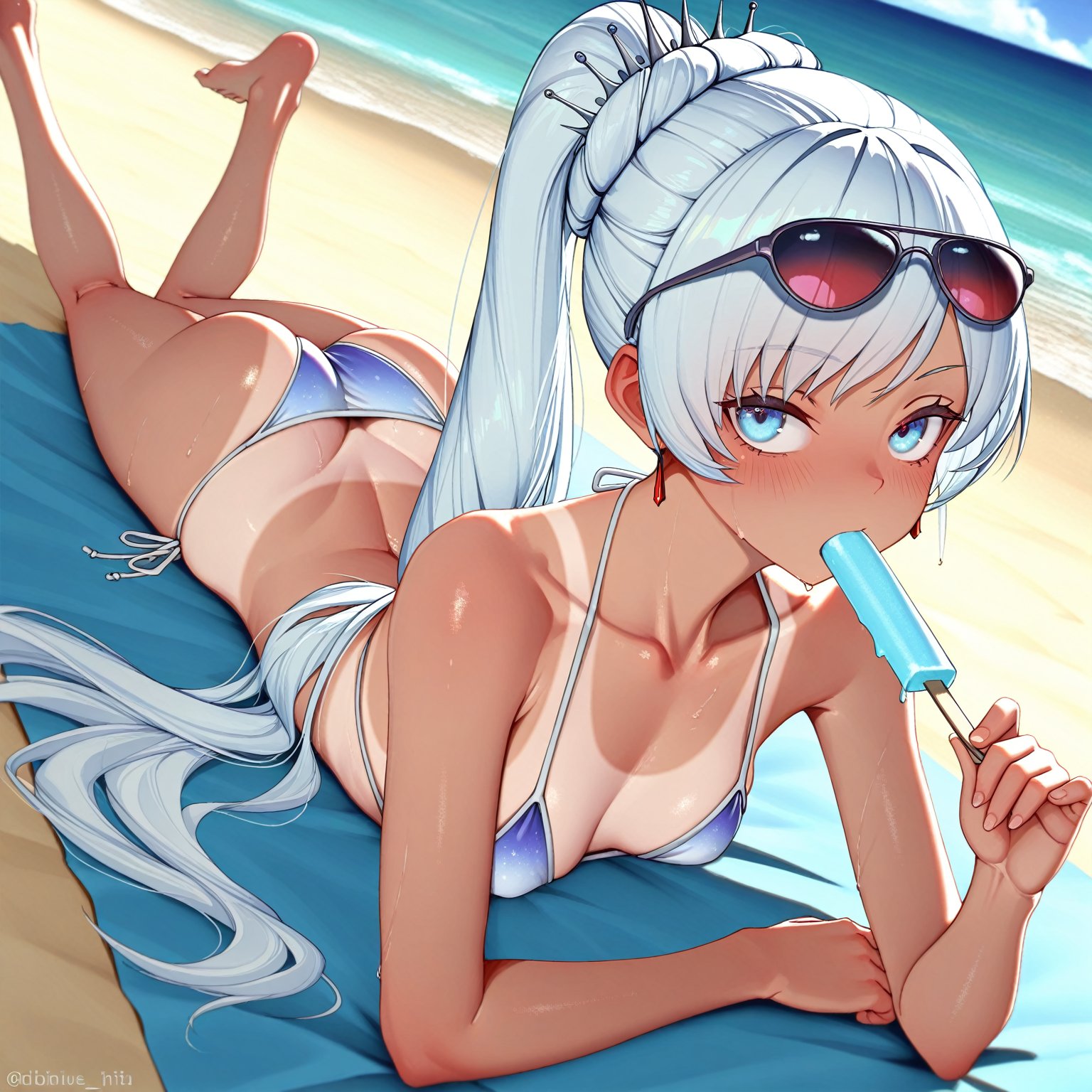 ai generated, beach, bikini, bikini bottom, breasts, clothed, clothing, eating, feet, feet up, female, glasses, japaia, ponytail, popsicle, rwby, small breasts, solo, solo female, solo focus, sucking, sucking popsicle, tagme, tan body, tan skin, tanline, weiss schnee, white hair