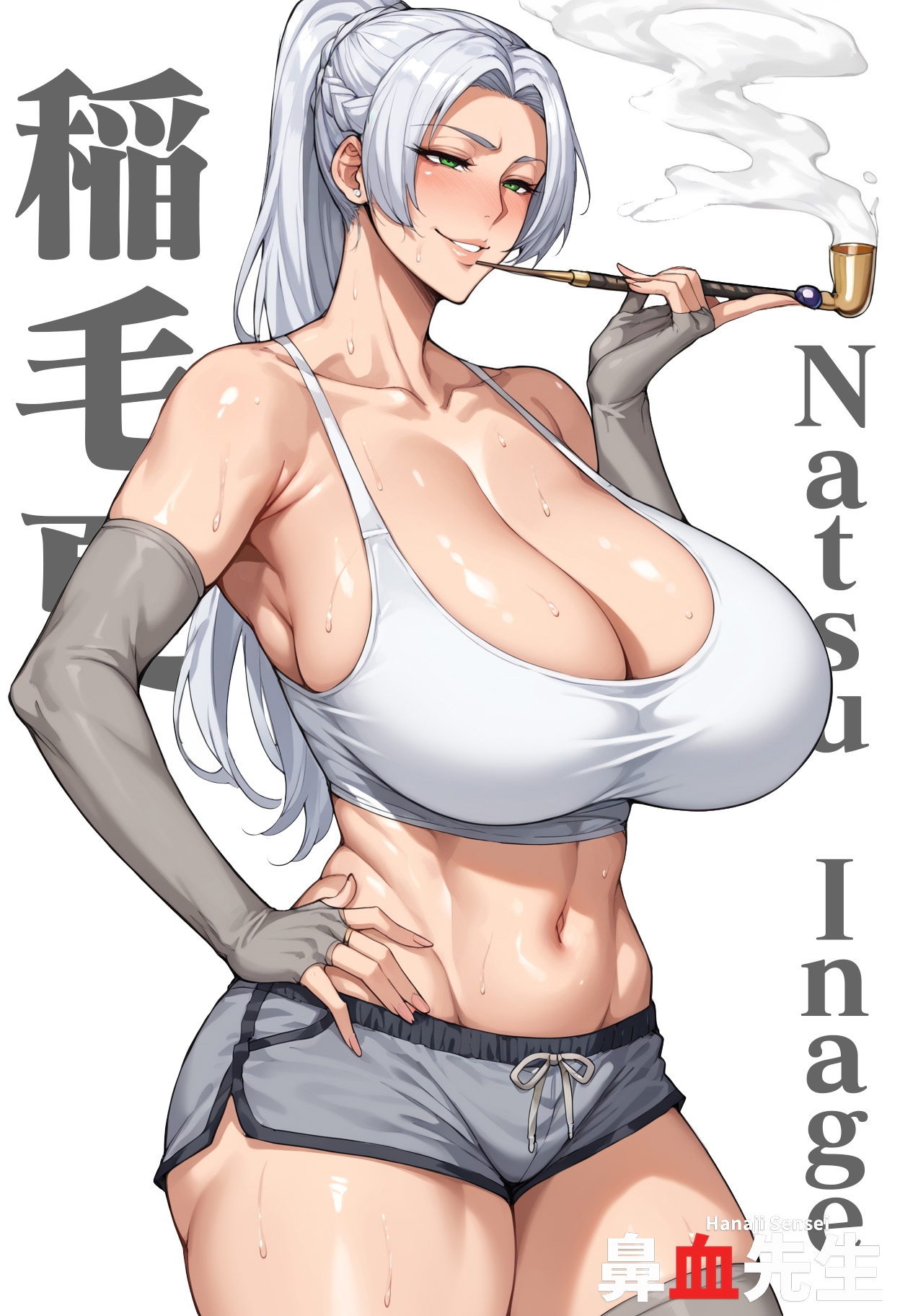 abs, ai generated, ayase seiko (cosplay), breasts, cleavage, dandadan, female, green eyes, hanajisensei, inage natsu, large breasts, navel, shorts, sweat, taimanin (series), tank top, white hair