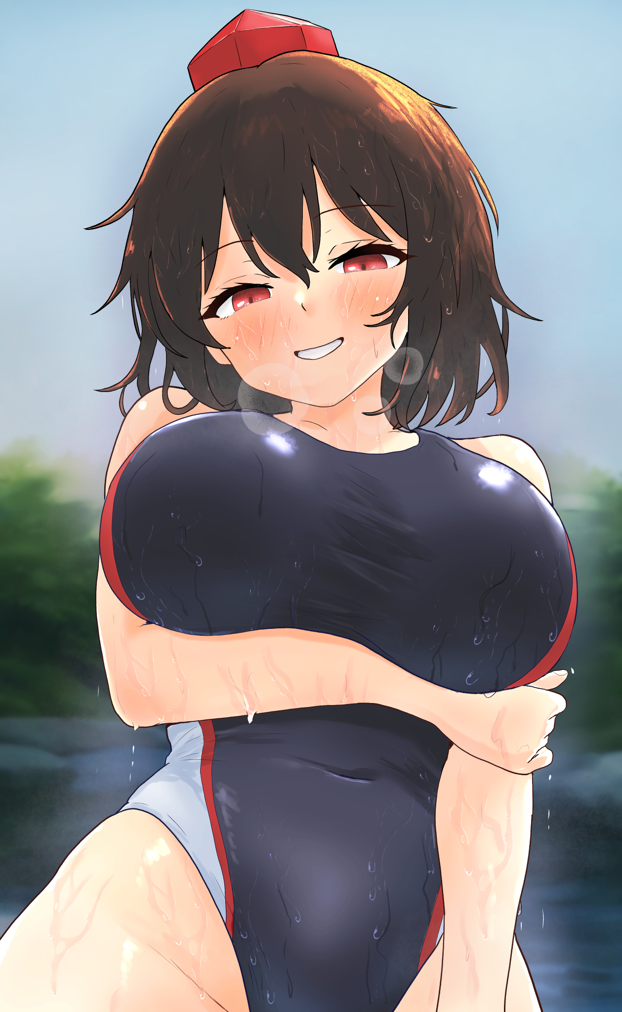 1girls, arm under breasts, aya shameimaru, bare hips, bare shoulders, big breasts, black one-piece swimsuit, blush, blushing, competition swimsuit, dark brown hair, exposed shoulders, hat, hi res, highleg one-piece swimsuit, highres, hinben, hips, looking at viewer, looking down, looking seductive, one-piece swimsuit, red eyes, seductive eyes, seductive look, seductive smile, shameimaru aya, solo, solo female, solo focus, swimsuit, swimwear, tokin hat, touhou, touhou project, wet, wet body, wet clothes, wet clothing, wet hair, wet skin