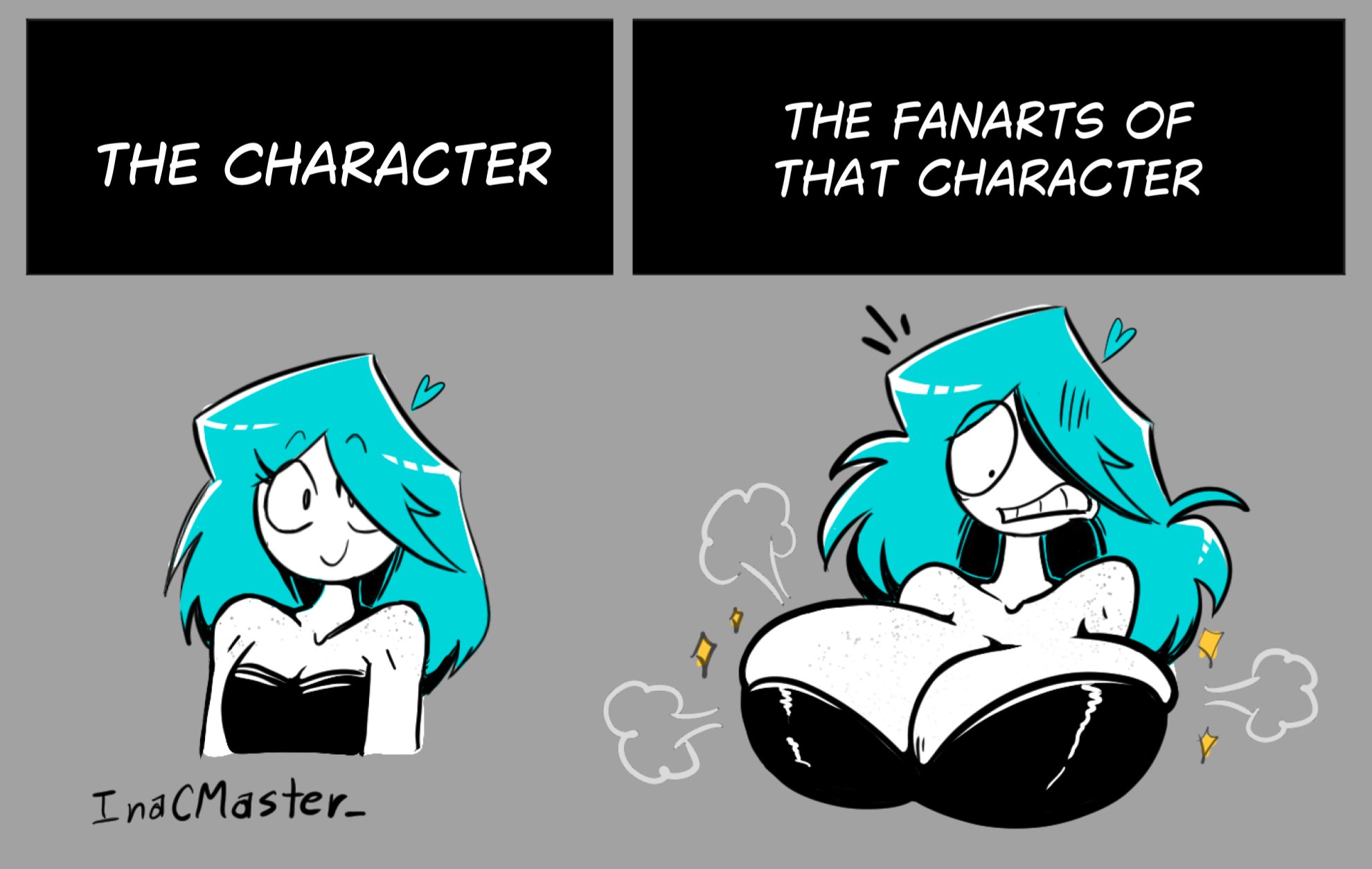 1girls, 2koma, artist name, before and after, big breasts, blue hair, breast expansion, breast growth, breast growth (enlargement), breasts, busty, canon vs fanon, cleavage, clothing, comparing, english text, expansion, eyelashes, female, female focus, female only, freckles, hair over one eye, huge breasts, inacmaster, massive breasts, meme, nerida (inacmaster), one eye obstructed, original, shocked, solo focus, text, texy, white body, white skin