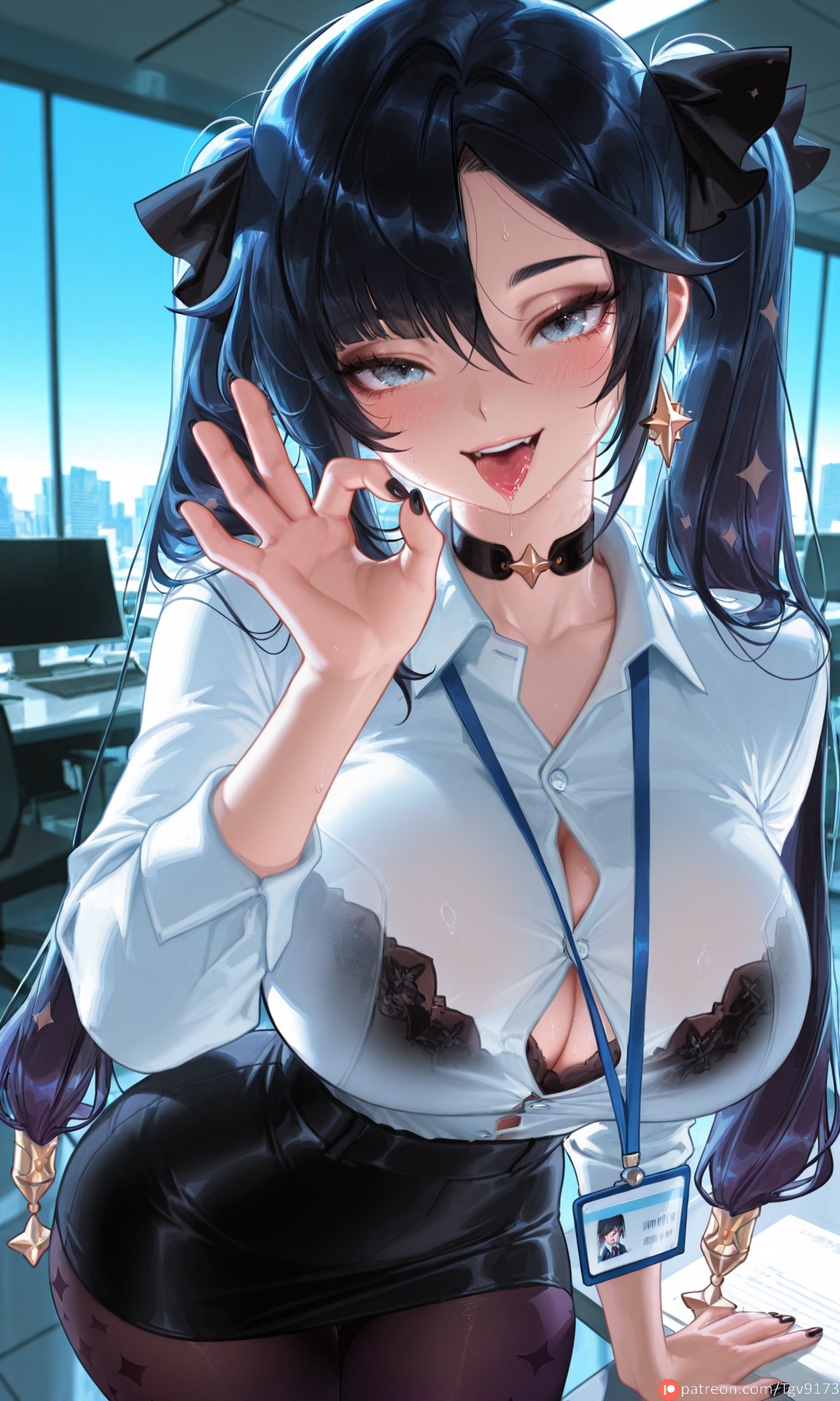 1girls, ai generated, alternate breast size, aqua eyes, bangs, black bra, black choker, black hair, black nails, black skirt, blue eyes, blush, bra, bra peek, bra visible through clothes, breasts, brown pantyhose, button gap, choker, cleavage, collarbone, collared shirt, commission, contemporary, dress shirt, earrings, fellatio gesture, female, female only, genshin impact, hair ornament, hair ribbon, id card, jewelry, lanyard, large breasts, long hair, long sleeves, looking at viewer, miniskirt, mona (genshin impact), nail polish, office lady, open mouth, pantyhose, pencil skirt, ribbon, saliva, see-through, shirt, skirt, smile, solo, star (symbol), tgv9173, tongue, tongue out, twintails, underwear, white shirt