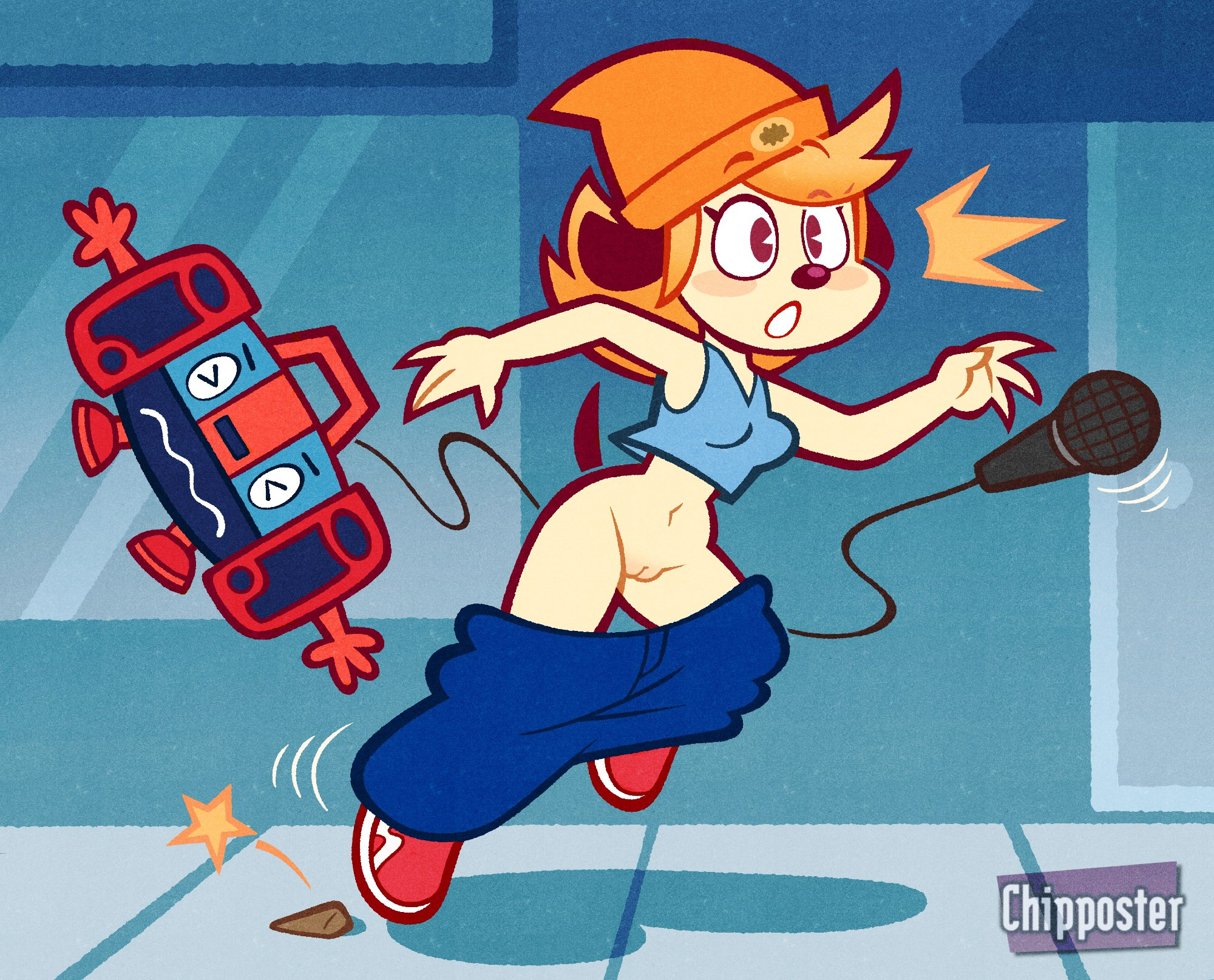 1girls, accidental exposure, boombox, bottomless, chipposter, dog girl, female, hairless pussy, microphone, mtf transformation, parappa, parappa the rapper, pussy, rule 63, shocked expression, tagme, transformation, tripping, wardrobe malfunction
