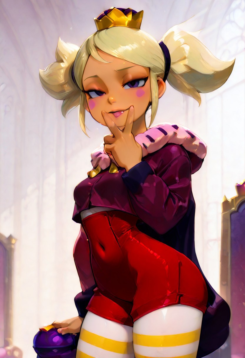 ai_generated blonde_hair blush_stickers brawl_stars breasts covered_navel crown dark-skinned_female dark_skin female half-closed_eyes long_sleeves looking_at_viewer makeup mandy_(brawl_stars) pantyhose purple_eyes short_twintails small_breasts smile solo striped striped_pantyhose tongue tongue_out twintails v