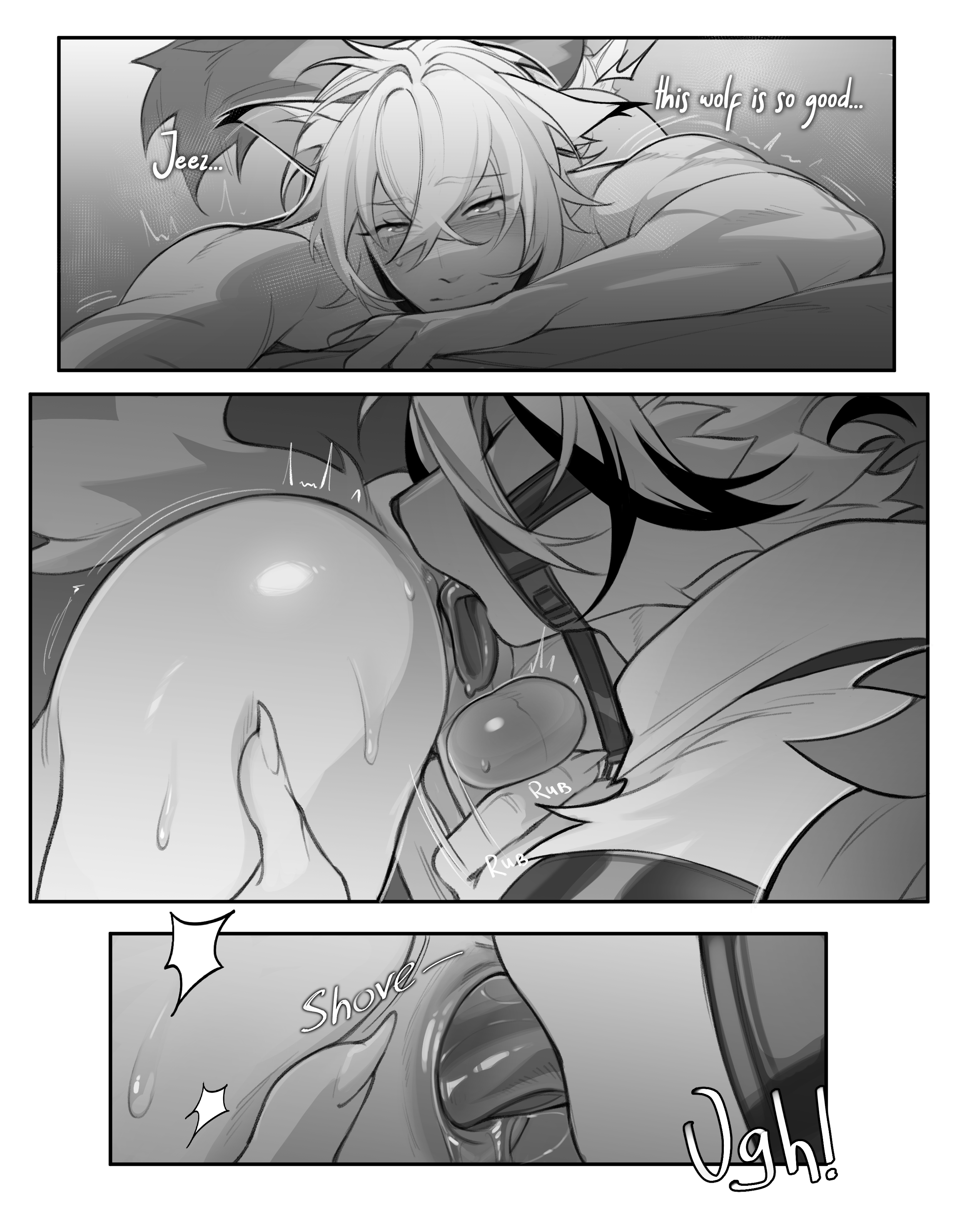 2boys, abs, animal ears, anthro, anthro on human, anus, ass, asshole, big dom small sub, boner, canid, canine, english, english text, erection, fur, gay, gay domination, gay sex, handjob, male, male only, male/male, mammal, monochrome, muscular, nude, open mouth, pecs, pleasure face, riffraffhellyea, rimjob, rimming, rimming male, seth lowell, sex, size difference, text, text bubble, tongue, tongue out, von lycaon, wolf, wolf ears, yaoi, zenless zone zero
