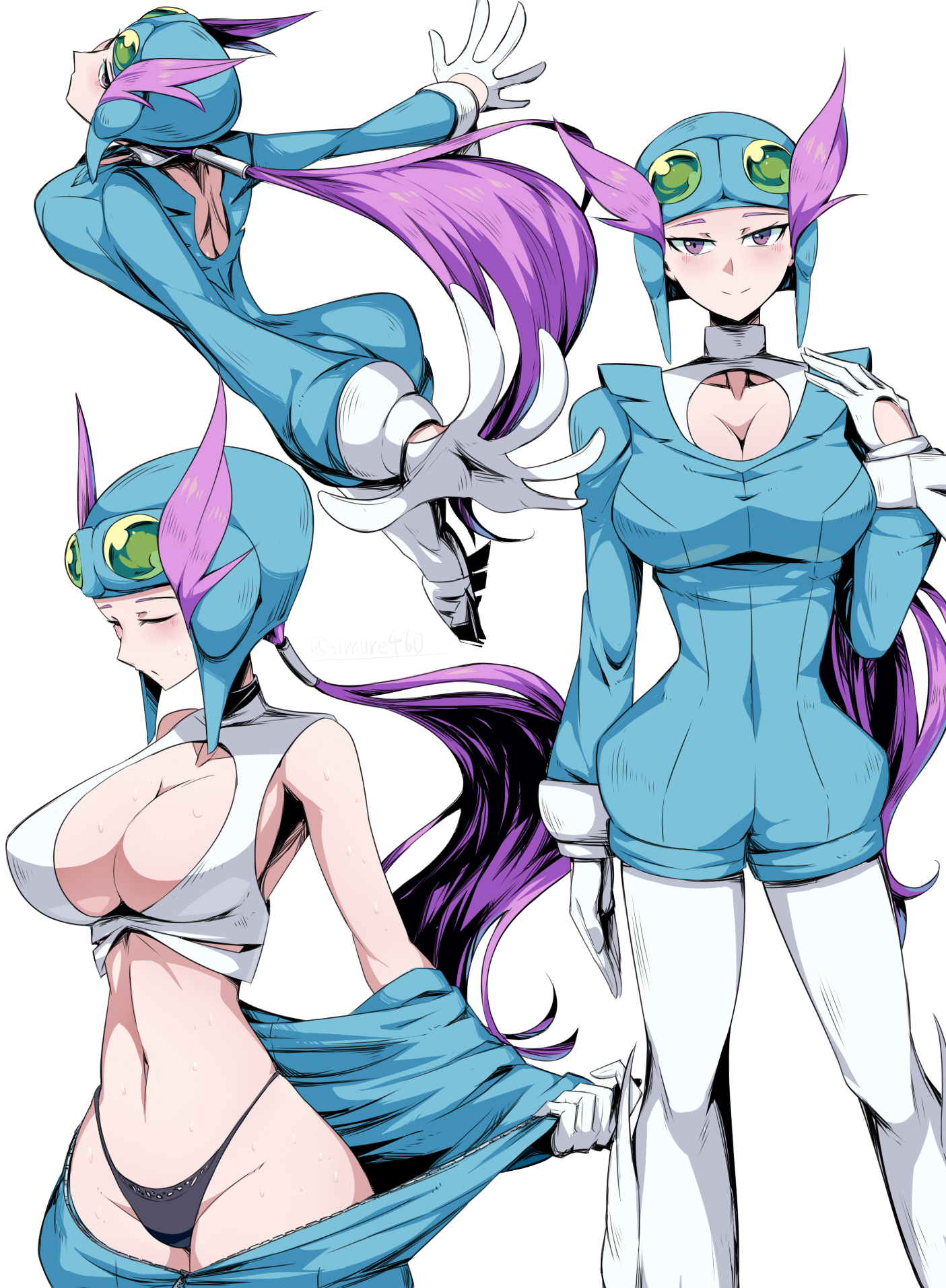 armpit crease, bare belly, belly button, big breasts, black panties, blue bodysuit, blush, bodysuit, breasts, cleavage, cleavage cutout, closed eyes, closed mouth, collarbone, female, game freak, gloves, goggles, gym leader, helmet, long sleeves, nintendo, panties, pilot helmet, pilot suit, pokemon, pokemon oras, pokemon rse, purple eyes, purple hair, shimure (460), shirt, smile, thighs, underwear, undressing, unzipped, white gloves, white shirt, wide hips, winona (pokemon oras), winona (pokemon)