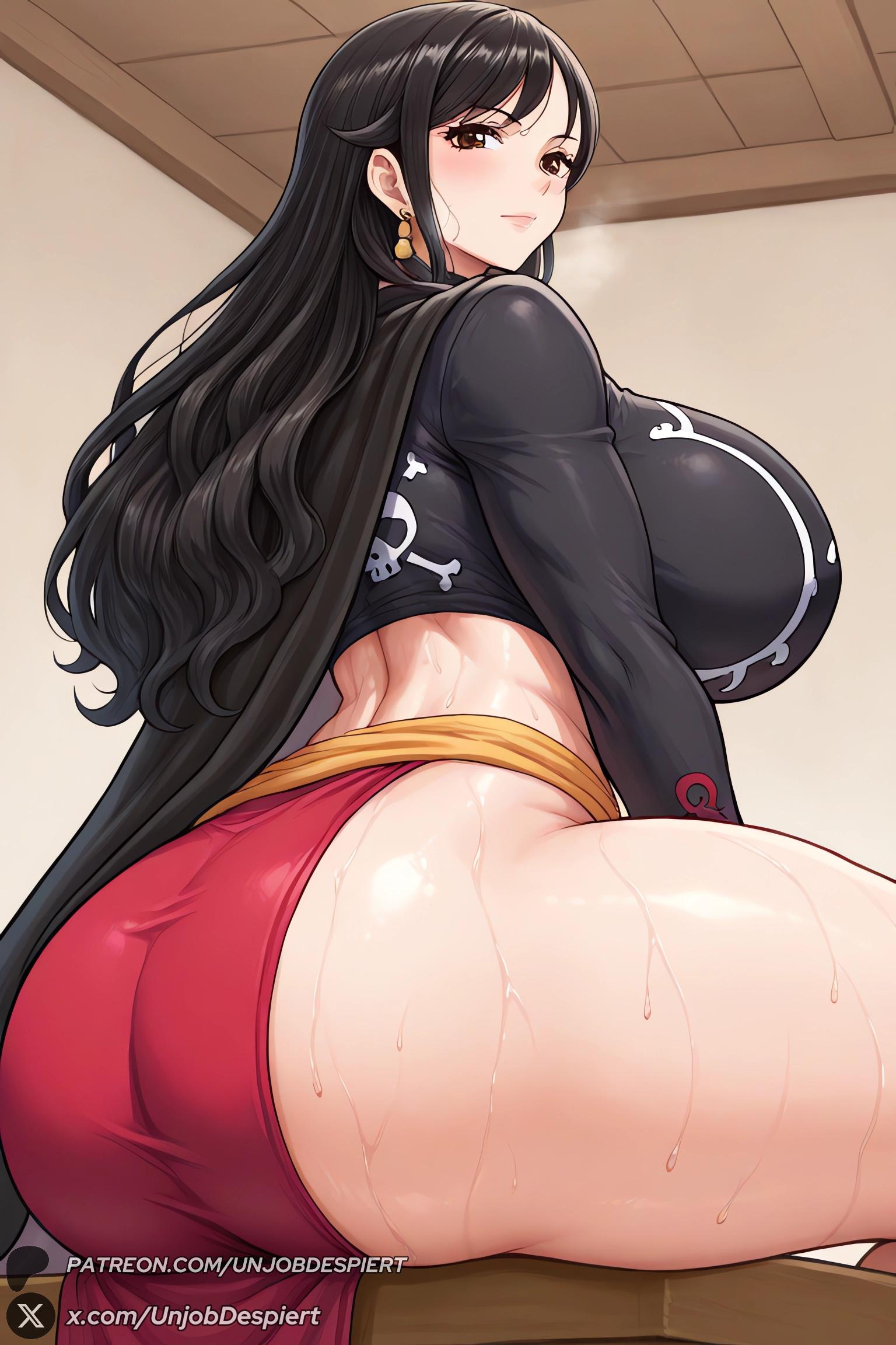 1girls, 2025, ai generated, artist name, ass, bangs, big ass, big breasts, black cape, black hair, black-haired female, blush, breasts, brown eyes, cape, closed mouth, crop top, curvy, earrings, female, female only, from behind, hi res, high quality, high resolution, highres, huge ass, huge breasts, indoors, jewelry, large breasts, long hair, long sleeves, looking at viewer, looking back, one piece, patreon, patreon username, shakuyaku, shirt, sitting, solo, sweat, thick thighs, thighs, unjobdespiert, watermark