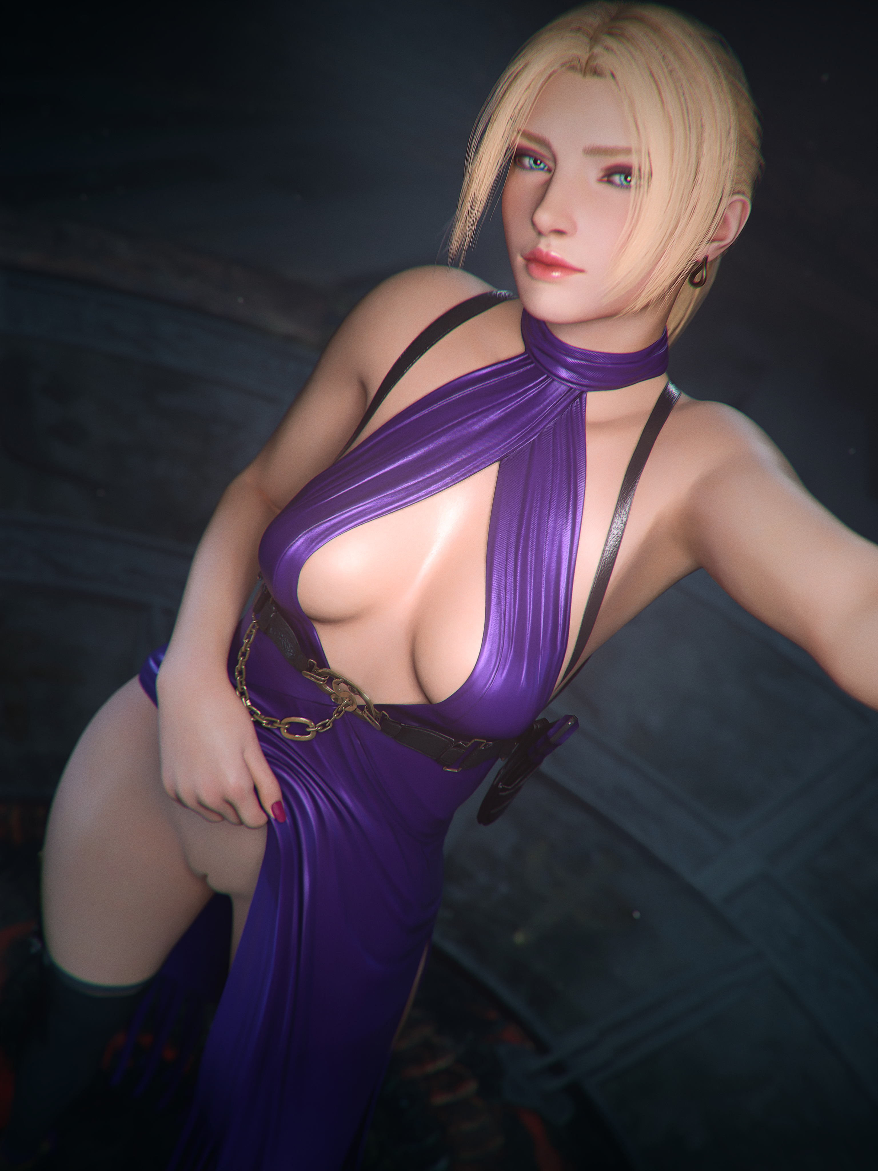 3d, 3d (artwork), artist request, blonde hair, breasts, checkpik, cleavage, dress, female, female only, hairless pussy, mature female, milf, nina williams, pussy, selfie, tekken, tekken 8