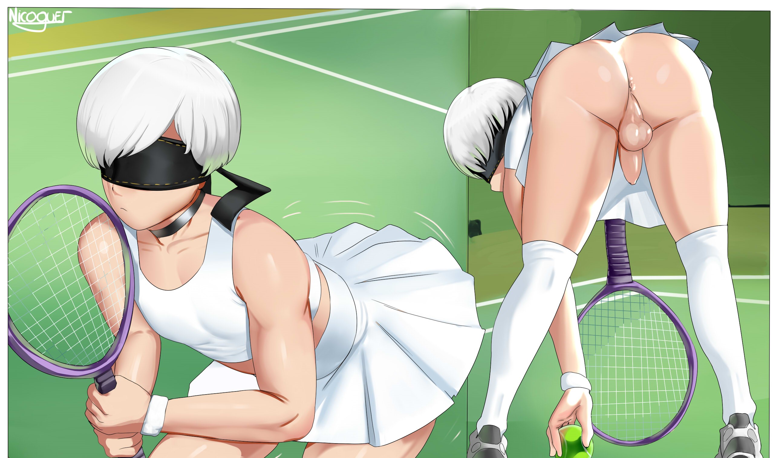 1boy, balls, blindfold, bottomless, clothing, crossdressing, femboy, hairband, light skin, light-skinned male, male, male focus, male only, nicoguer, nier, nier: automata, penis, rear view, short hair, skirt, solo, tennis ball, tennis racket, tennis uniform, testicles, trap, white hair, yorha 9s