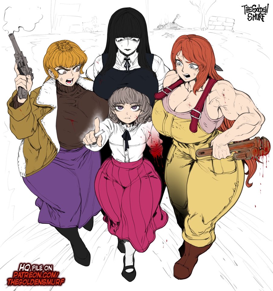 4girls, abella (fear and hunger), alternate body type, alternate breast size, amputated arm, amputee, blood, breasts, dress, fear and hunger, fear and hunger: termina, female, goth, goth girl, huge hips, huge thighs, karin (fear and hunger), marina (fear and hunger), muscles, muscular, muscular female, samarie (fear and hunger), skirt, slim waist, tagme, taller female, thegoldensmurf, thick thighs, tomboy, trans woman, veiny muscles, wide hips