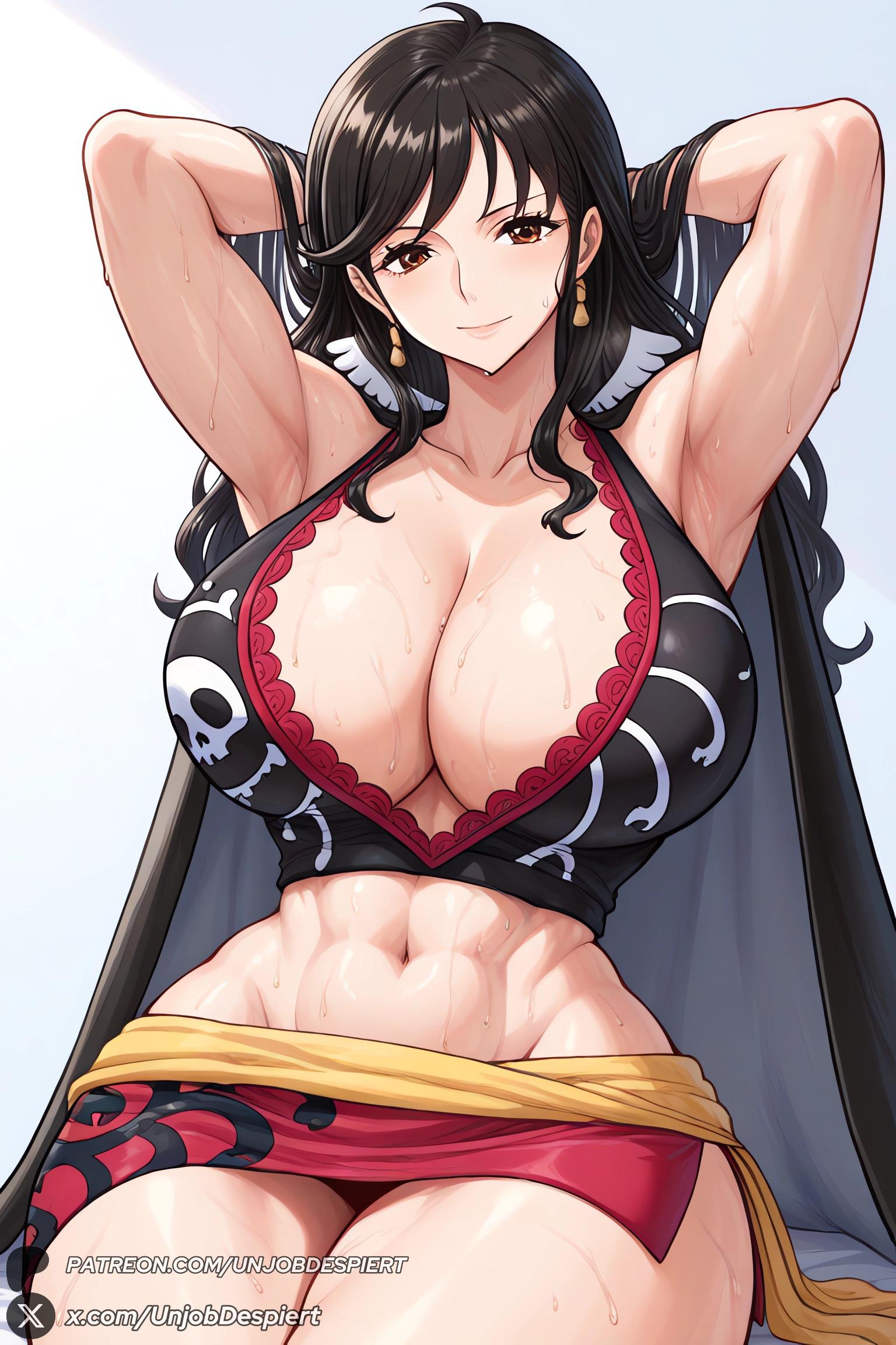 1girls, 2025, abs, ai generated, armpits, arms behind head, arms up, artist name, big ass, big breasts, black hair, black-haired female, breasts, brown eyes, cape, cleavage, closed mouth, collarbone, crop top, curvy, earrings, female, female only, hi res, high quality, high resolution, highres, huge ass, huge breasts, jewelry, large breasts, long hair, looking at viewer, midriff, navel, one piece, patreon, patreon username, shakuyaku, sitting, skirt, smile, solo, sweat, thighs, unjobdespiert, watermark, web address