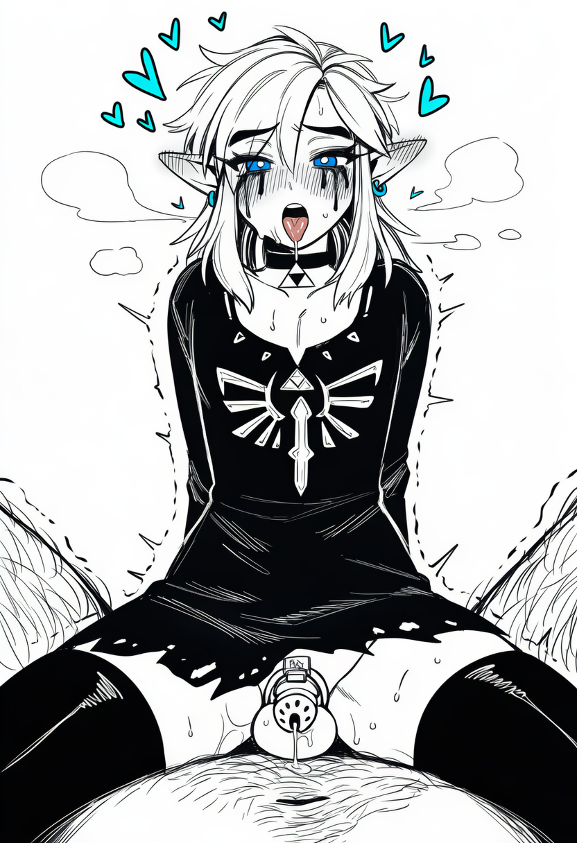 2boys, ahe gao, ai generated, anal, anal sex, bottom cums first, caged cock, chastity cage, choker, cowgirl position, crossdressing, cum leaking, elf ears, femboy, feminine male, feminization, gay, gay sex, goth makeup, hairy legs, heart symbol, link, luxica, male, male on male, male/male, monochrome, nintendo, novelai, penis, running mascara, sissy, straddling, the legend of zelda, tongue out, torn clothes, triforce, yaoi