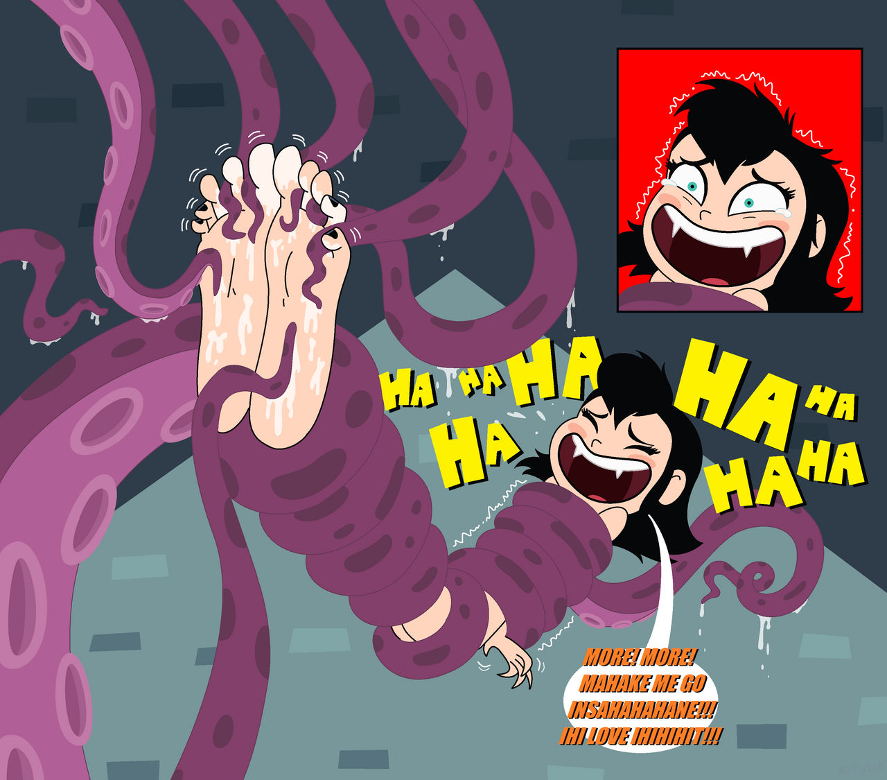 absurdres, alt girl, barefoot, best feet, between toes, big feet, black hair, black toenail polish, blue eyes, consensual bondage, consensual tentacles, consensual tickling, crying laughing, dialogue, dialogue bubble, fangs, feet, feet together, female, female focus, female only, foot fetish, foot fetish validation, foot focus, foot worship, highres, hotel transylvania, hotel transylvania: the series, into it, inviting to tickle, laughing, long toes, loving it, mavis dracula, naked, naked female, nerdsman567, partially nude, restrained, restrained by tentacles, saliva, saliva on foot, sensitive feet, slime, slimy tentacles, smiling, soles, soles fetish, tentacle, tentacle monster, tentacle tickling, tickle fetish, tickle torture, tickling, tickling feet, ticklish, ticklish feet, toes, vampire, vampire girl
