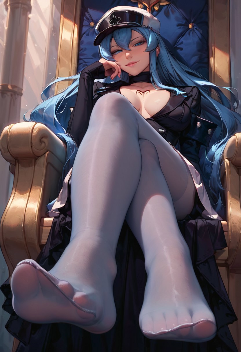 ai generated, akame ga kill!, blue eyes, blue hair, blush, blushing, cute, dominant female, esdeath (akame ga kill!), feet, female, female focus, female only, foot fetish, looking at viewer, onna exe, stockings, toes
