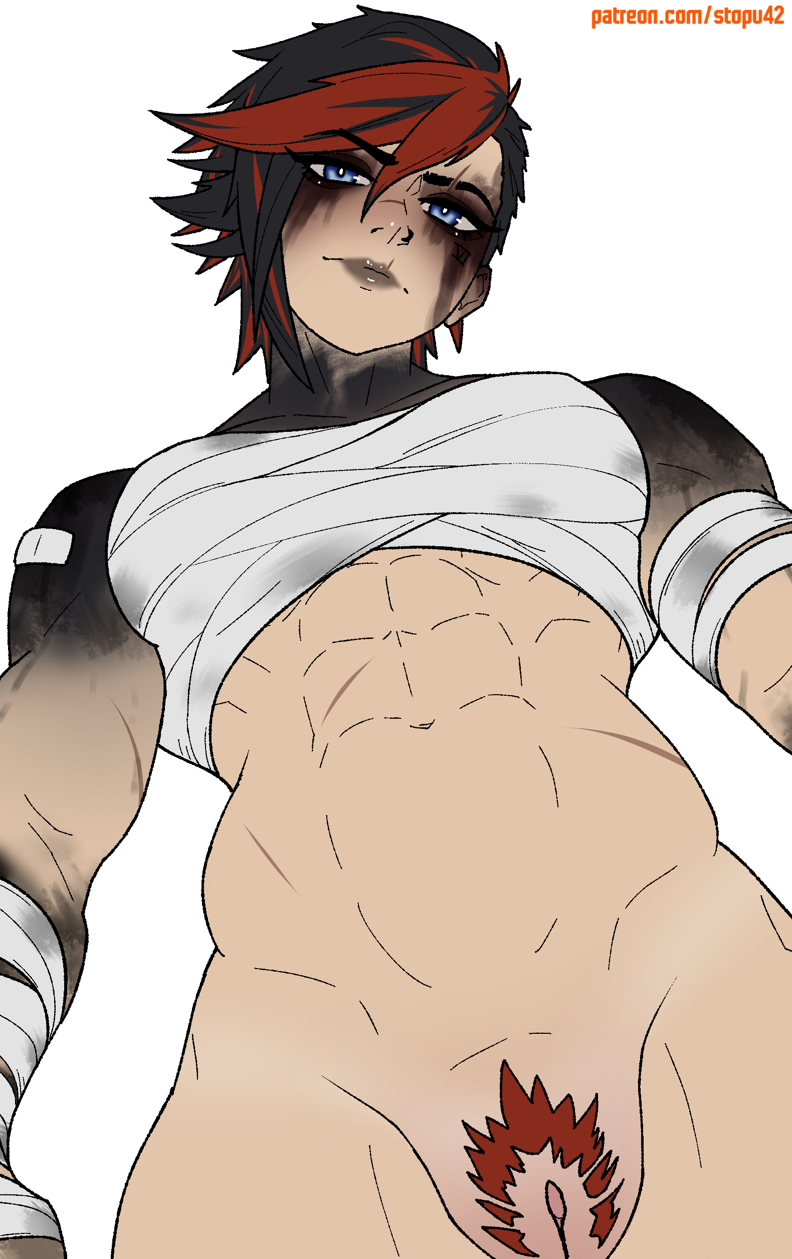 1girl, 1girls, abs, arcane, arcane brawler vi, arcane vi, arcane: league of legends, arena, athletic female, bandage, bandaged arm, bandaged chest, bandages, bandaid, bandaid on shoulder, bare shoulders, belt, black hair, black lips, black pants, blue eyes, breast bandage, breasts, butch, cheek tattoo, closed mouth, collarbone, ear piercing, eyelashes, eyeshadow, female, female abs, female focus, female only, fit female, from below, goth, goth girl, grey belt, highres, league of legends, looking at viewer, looking down, makeup, medium breasts, midriff, multicolored hair, muscular, muscular female, navel, nose, nose piercing, pants, patreon username, piercing, punk, red hair, riot games, scar, scar across eyebrow, scar on face, scar on lip, short hair, simple background, solo, solo female, solo focus, standing, stopu, tattoo, tattooed arm, tomboy, two-tone hair, vi, vi (league of legends), white background