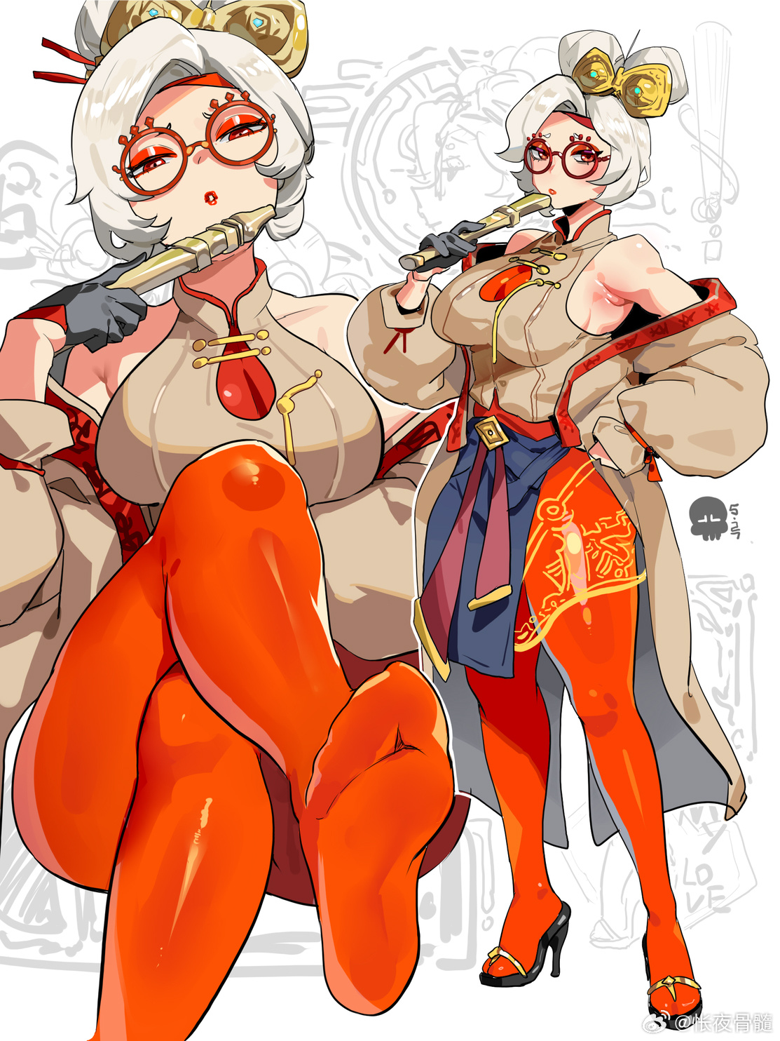 armpits, bare shoulders, black gloves, breasts, eyeshadow, feet, female, female only, glasses, gloves, grey hair, hair bun, half-closed eyes, hand on own hip, highres, kuook, lab coat, large breasts, looking at viewer, makeup, mature female, multiple views, nintendo, pantyhose, purah, red eyeshadow, red lips, red pantyhose, sandals, shiny skin, the legend of zelda, thick thighs, thighs, toes