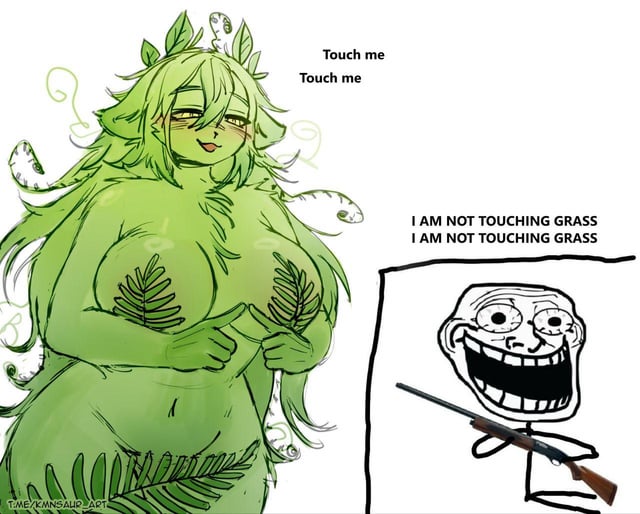 ass, big ass, big breasts, big butt, breasts, cleavage, kmnsaur (artist), meme, oc, original, original character, plant, plant girl, plant humanoid, rage comics, shitpost, thick thighs, touch grass (meme), troll face, trollface