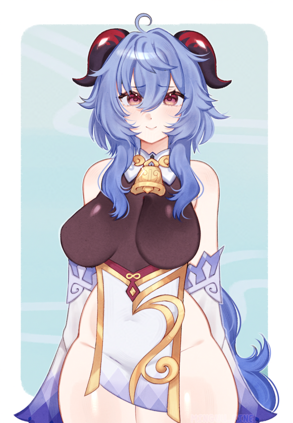 blue hair, breasts, female, ganyu (genshin impact), genshin impact, horns, large breasts, mihoyo, minguu rine, nipples, stomach, thick thighs, tummy