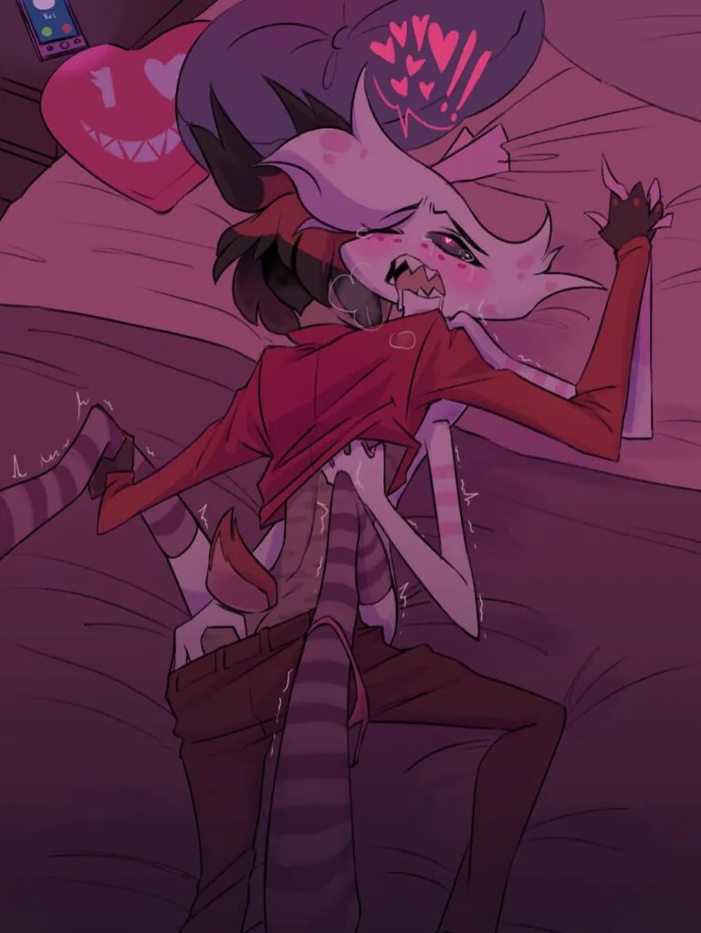 2boys, alastor (hazbin hotel), angel dust (hazbin hotel), ass, gay, hand on ass, hand on back, hazbin hotel, laying on bed, male, male only, male/male, psychicpains, tagme
