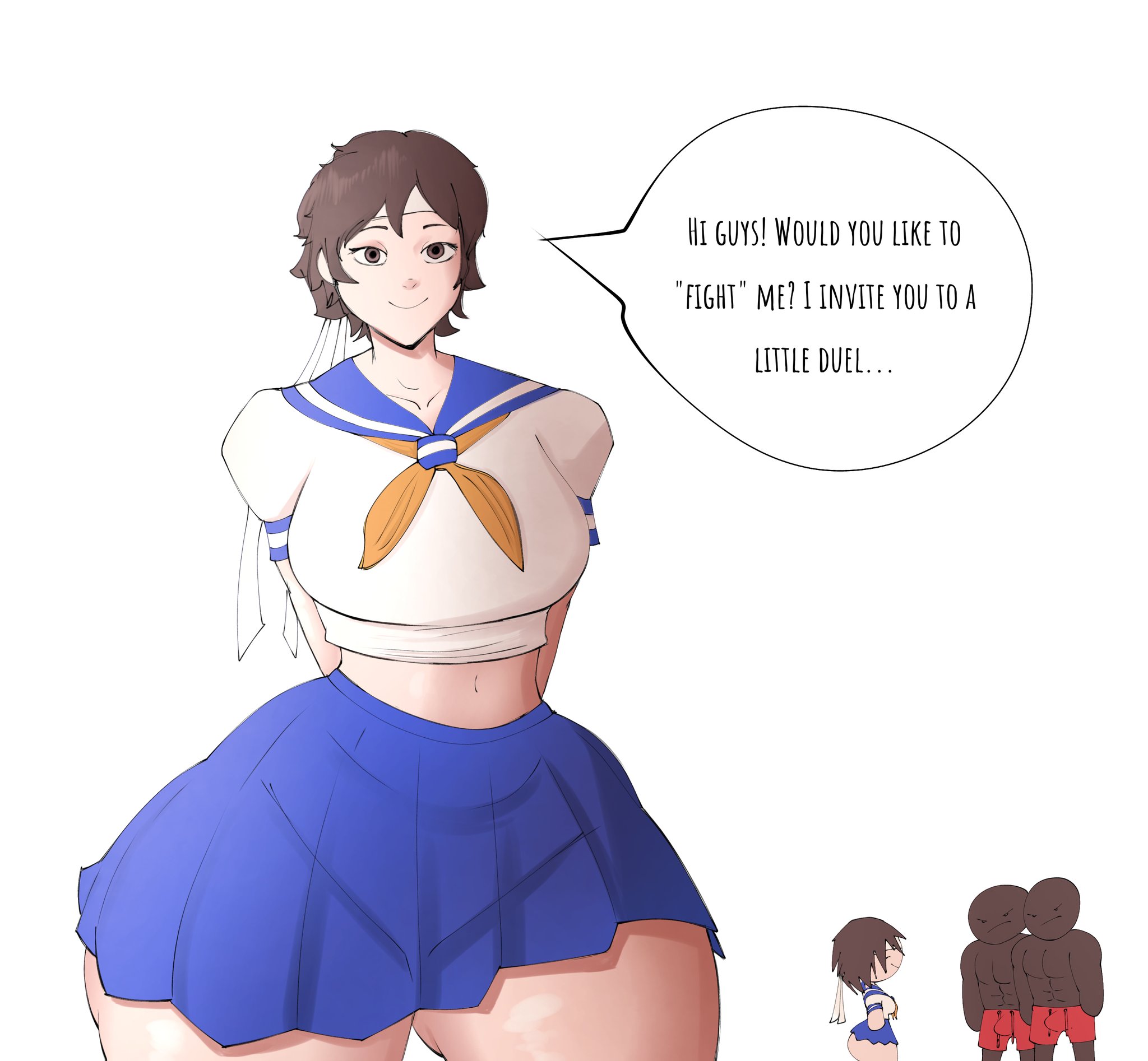 1girls, 2boys, abs, ass, big ass, big breasts, bottomless skirt, breasts, brown eyes, brown hair, bulge, capcom, dark skin, dark-skinned male, dialogue, female, gigantic ass, gigantic butt, gigantic thighs, headband, huge ass, hyper, hyper ass, hyper butt, hyper genitalia, hyper thighs, imminent sex, inviting, ladno (artist), male, muscular, muscular male, sakura kasugano, school uniform, schoolgirl, short hair, skirt, smile, street fighter, thick, thick ass, thick thighs, tomboy