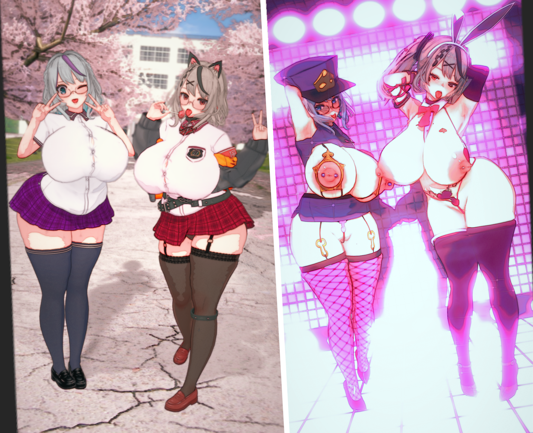 2girls, 3d, amagai ruka, ass, breasts, breasts bigger than head, bunny ears, chubby, chubby female, curvaceous, curvy, curvy figure, female, fishnets, garter belt, garter straps, gigantic breasts, hololive, hololive japan, holox, huge ass, huge breasts, indie virtual youtuber, koikatsu, lollipop, looking at viewer, multicolored hair, nipple piercing, nipples, peace sign, piercing, playboy bunny, police hat, police uniform, posing, posing for the viewer, prostitution, qos, qos tattoo, queen of spades, sakamata chloe, school, school uniform, schoolgirl, tagme, thick thighs, thighhighs, virtual youtuber, vtuber, weather planet, whore eyes