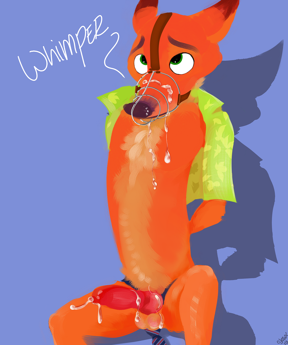 1boy animal_genitalia animal_penis anthro balls bondage bottomless bound bukkake canine_penis clothing cum cum_on_balls cum_on_chest cum_on_face cum_on_penis disney erection fur furry green_eyes hands_behind_back knot looking_up male male_only muzzle necktie nick_wilde open_clothes open_shirt orange_fur penis purple_nose shirt sitting skittleytwix solo zootopia