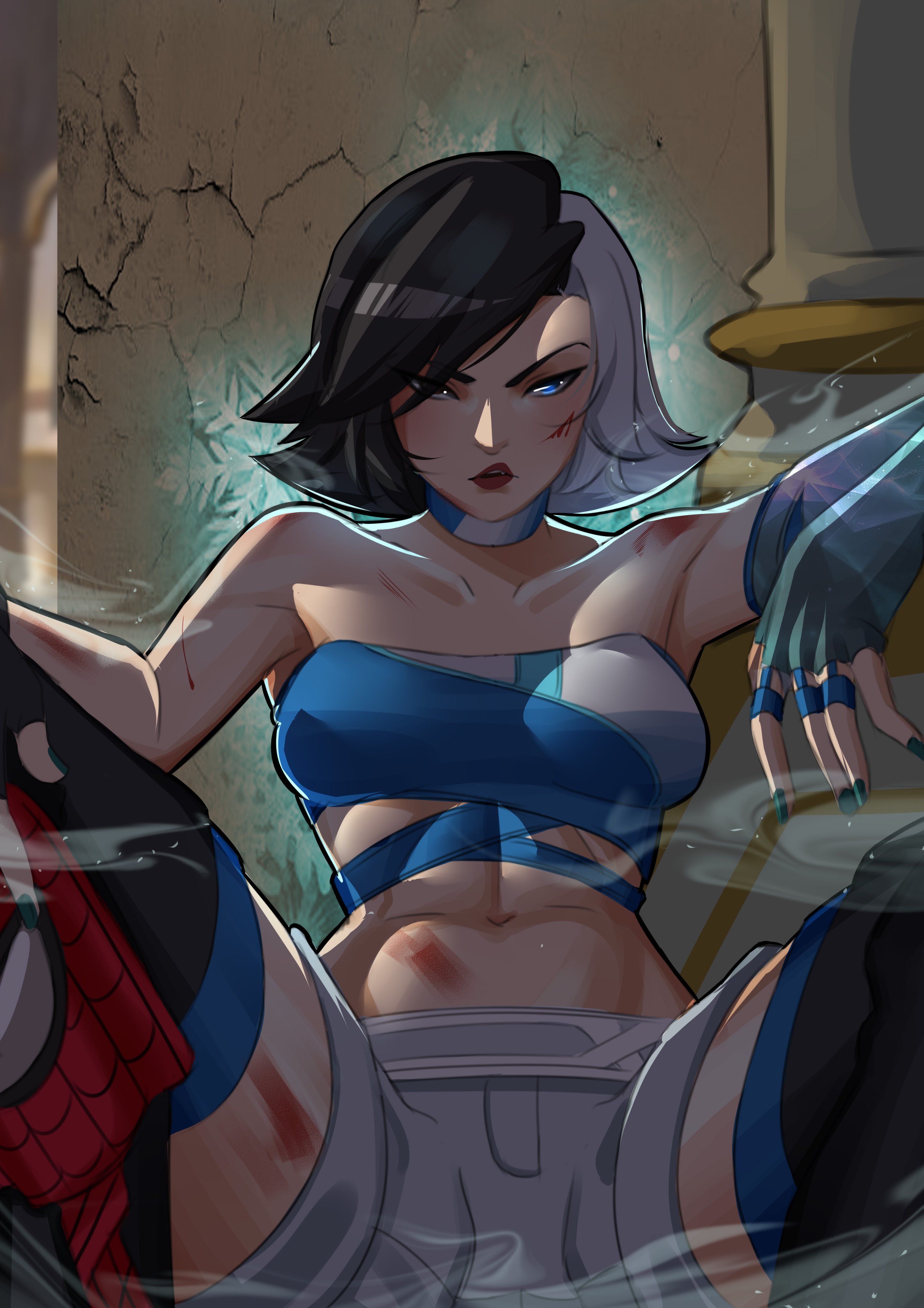 1girls, 2025, 2d, 2d (artwork), abuse, abused, abused female, aura, beaten, beaten up, black hair, blood, blue nails, choker, cleavage, clothed, clothed female, cold, female, female only, hayashidraws, heterochromia, invitation, inviting, inviting to fuck, inviting to sex, light skin, light-skinned female, looking at viewer, luna snow, luna snow (marvel rivals), marvel, marvel comics, marvel rivals, multicolored hair, navel, no sex, questionable, scars, sfw, short hair, spread legs, thick thighs, thighhighs, white hair