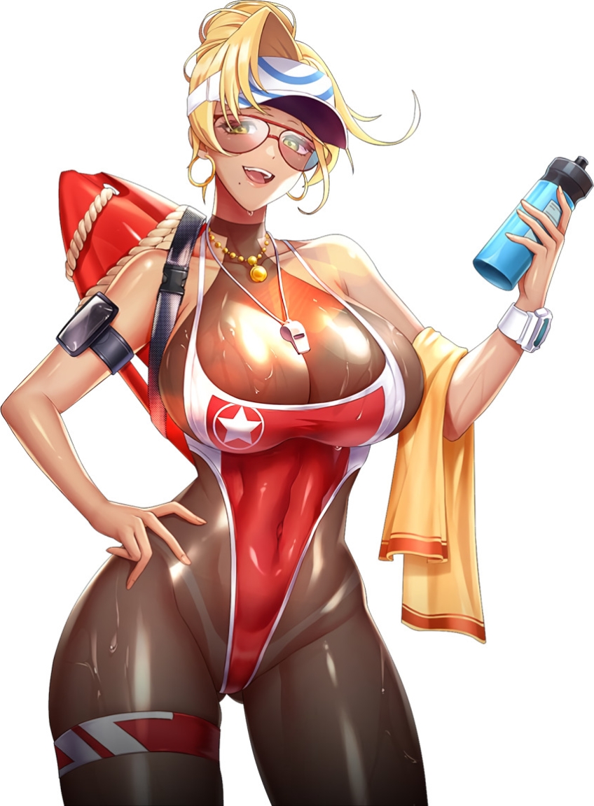 blonde hair, breasts, emily simmons, eyewear, female, highleg one-piece swimsuit, highres, large breasts, lilith-soft, official art, swimsuit, taimanin (series), wide hips