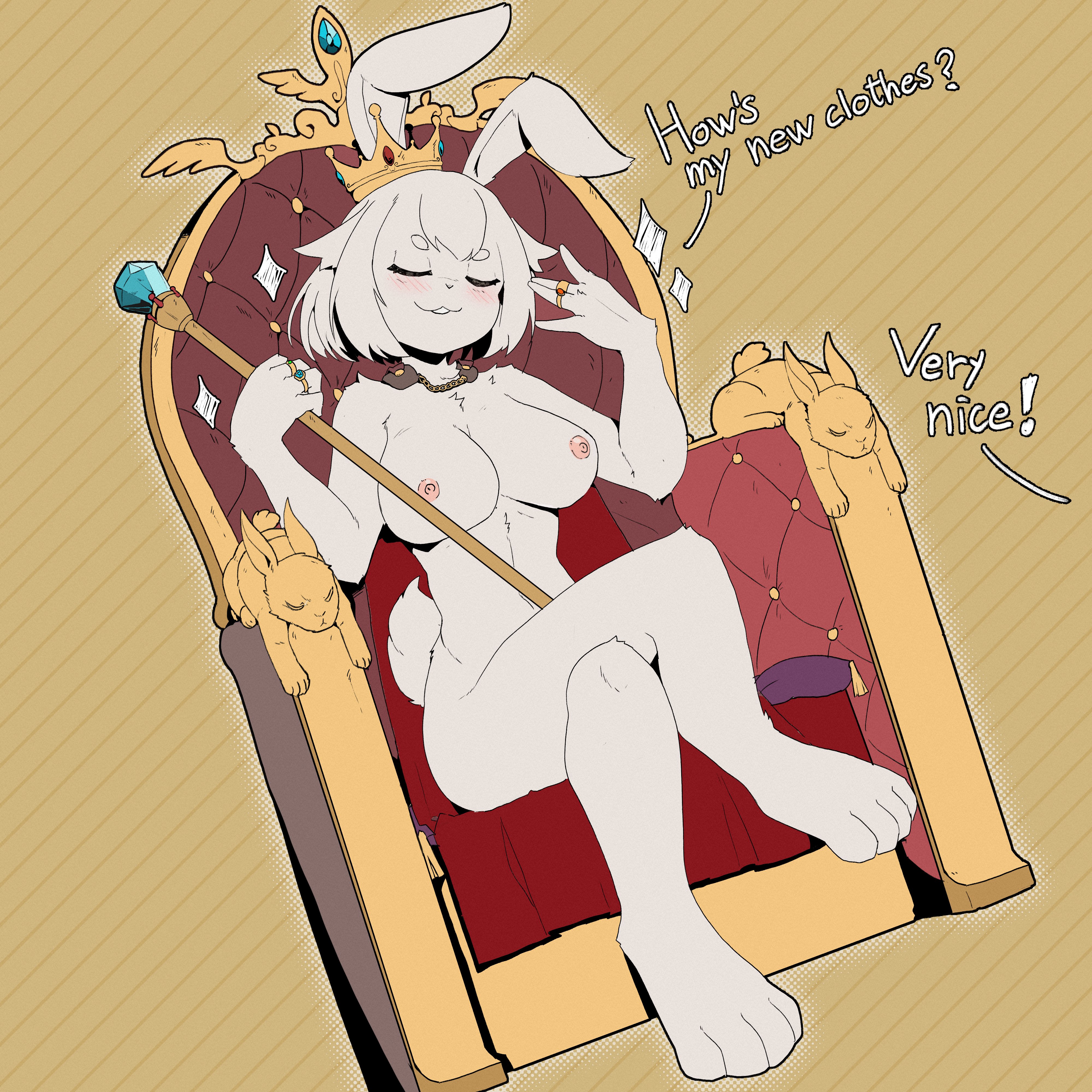 1girls, 2024, 2d, absurd res, anthro, blush, breasts, bunny ears, bunny girl, closed eyes, color, confident, crossed legs, crown, dialogue, english text, female, female only, fur, furry, headgear, hi res, holding object, holding scepter, jewelry, necklace, nipples, nude, nude female, oblivious, original, original character, ring, royalty, scepter, sillybunny9623, sitting, solo, solo female, text, the emperor's new clothes, throne, unaware, white body, white fur