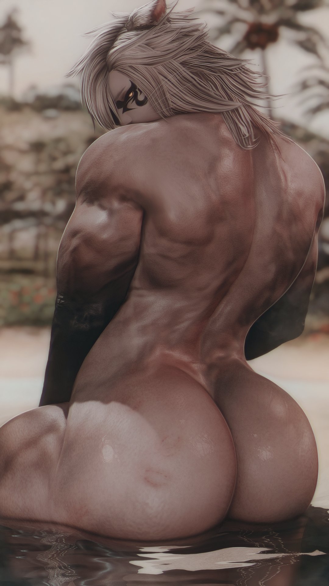 1boy, ambush (trap), animal ears, ass, bara, big ass, big butt, big thighs, bitch bara, bite mark, bite marks, cat boy, catboy, child bearing hips, faggot, femboy, gay, himbo, homosexual, male, muscular, muscular male, seclorum (artist), slutboy, white hair, yaoi