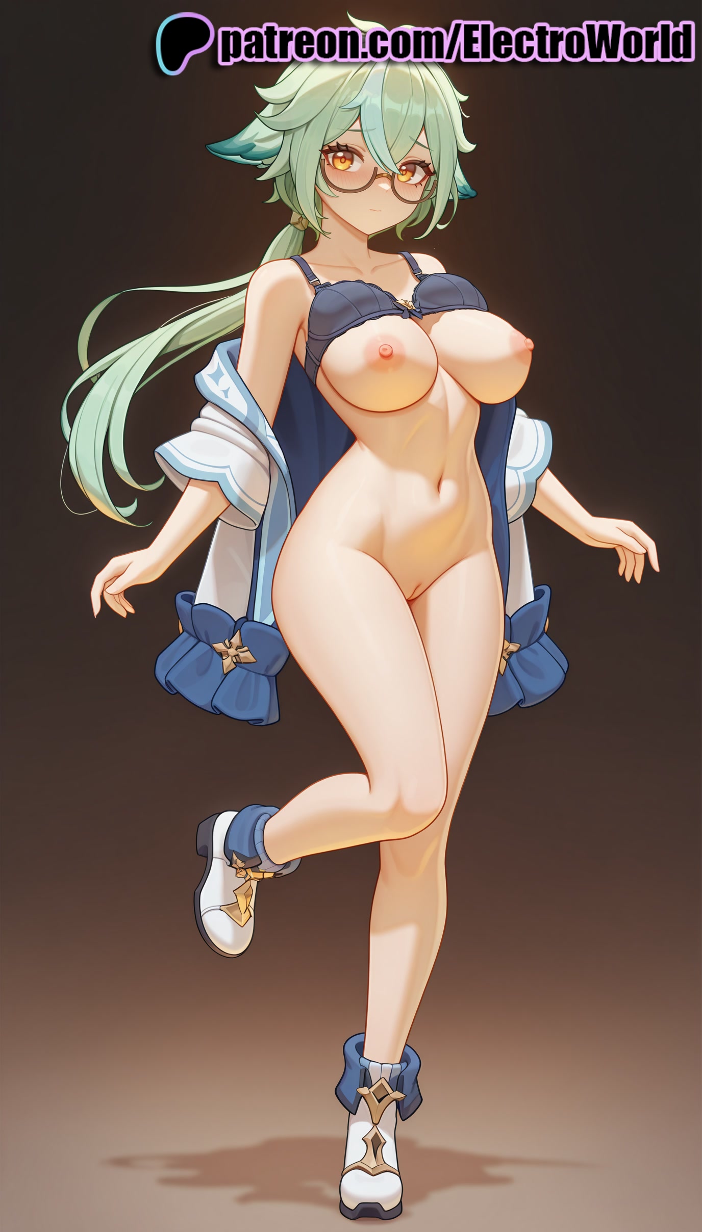 1girls, 2025, ai generated, animal ears, artist name, bottomless, breasts, bust, cat ears, chest, clitoral hood, clitoris, electroworld, exposed nipples, exposed pussy, female, genshin impact, glasses, green hair, hi res, high quality, high resolution, highres, juicy pussy, long hair, looking at viewer, multicolored hair, navel, nipples, nipples outside, orange eyes, patreon, patreon username, pussy, solo, stable diffusion, sucrose (genshin impact), tight pussy, vagina, watermark