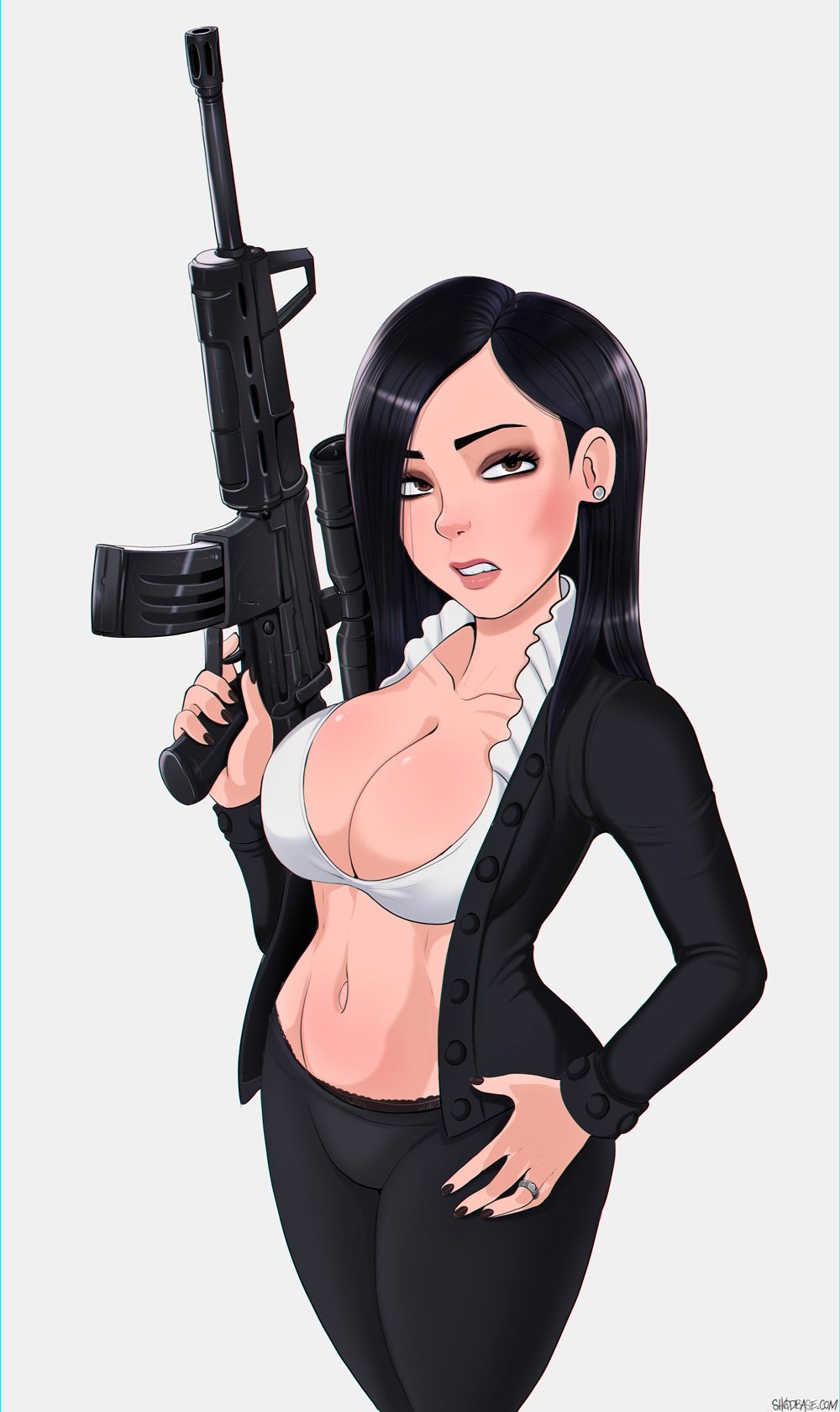 1girls, big breasts, black hair, bra, breasts, brown eyes, clothed, clothing, dana loesch, earring, female, female only, gun, human, jewelry, large breasts, long hair, looking at viewer, navel, nra, pants, real person, rifle, ring, shadman, shirt, solo, standing, weapon