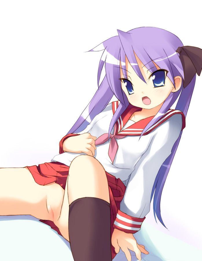 blue_eyes censored kagami_hiiragi lucky_star no_panties purple_hair pussy safi school_uniform serafuku