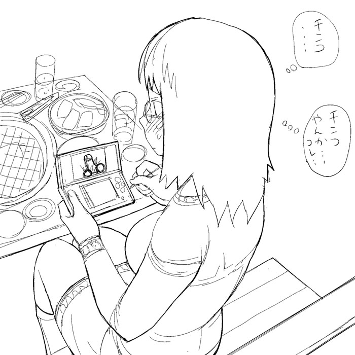 a1 girls_playing_games monochrome nintendo_ds penis playing_games sketch translation_request video_game