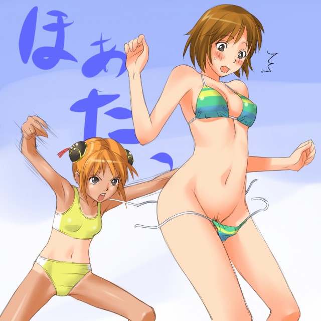 2girls anezaki_mamori armpits bathing_suit beach bikini black_hair blush brown_hair bun_cover crossover double_bun eyeshield_21 female female_only flat_chest gintama kagura_(gintama) midriff mosha multiple_girls open_mouth orange_hair pubic_hair short_hair side-tie_bikini surprised surprised_arms sweatdrop swimsuit tan tankini tanline undressing