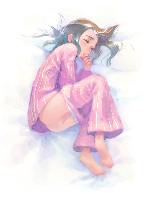 bed black_hair brown_hair character_request closed_eyes female fetal_position human lying masturbation original pajamas short_hair solo uncensored weno