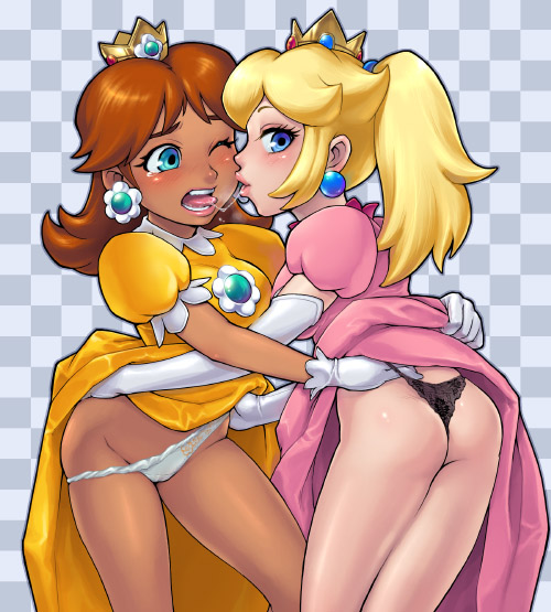 2girls ass ass_grab black_panties blackwashed blonde_hair blue_eyes blush brown_hair crown dark_skin dress dress_lift earrings elbow_gloves fake_png female female_only gloves hat human jewelry kissing lace lace-trimmed_panties long_hair mario_(series) multiple_females nintendo panties panty_pull pey ponytail princess princess_daisy princess_peach saliva saliva_trail skin_contrast skirt skirt_lift straight_hair tan thong tied_hair underwear wedgie white_panties wink yuri