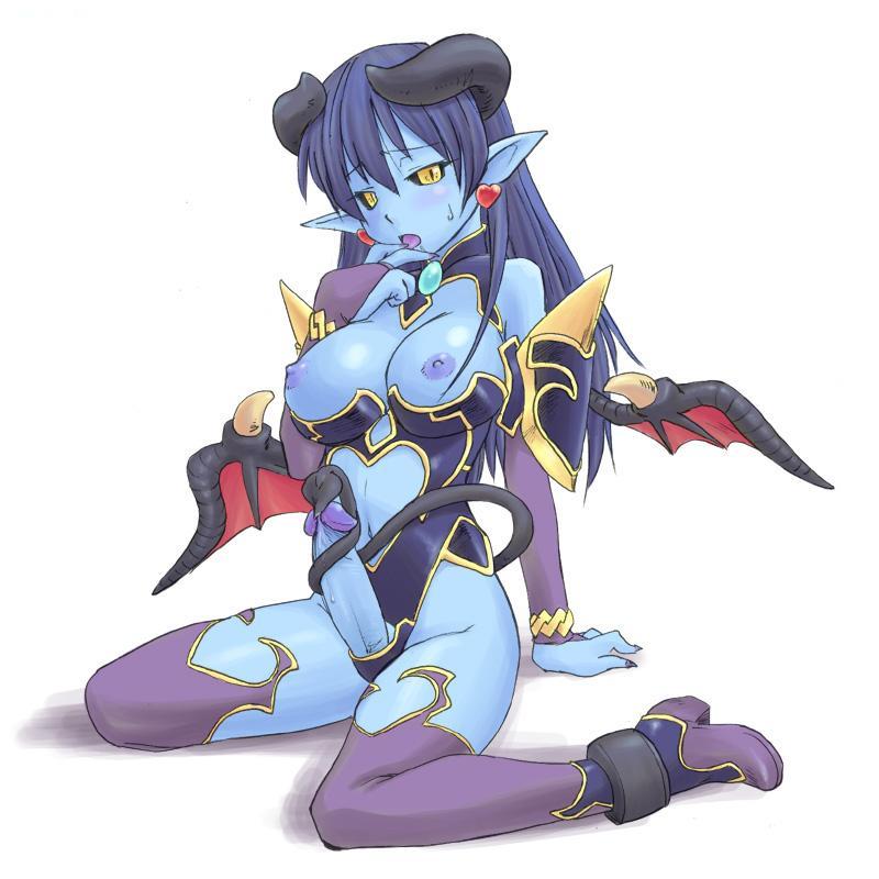 1futa areolae astaroth astaroth_(shinrabanshou) bikini_armor black_sclera blue_hair blue_skin blush boots breasts cleavage clothing demon demon_ears demon_horns demon_tail demonic_eyes dragon_wings erect_nipples futa_only futanari hinemosu_notari intersex jpeg_artifacts nipples shinrabanshou solo solo_futa stockings tail tailjob thighhighs tongue_out voluptuous wings