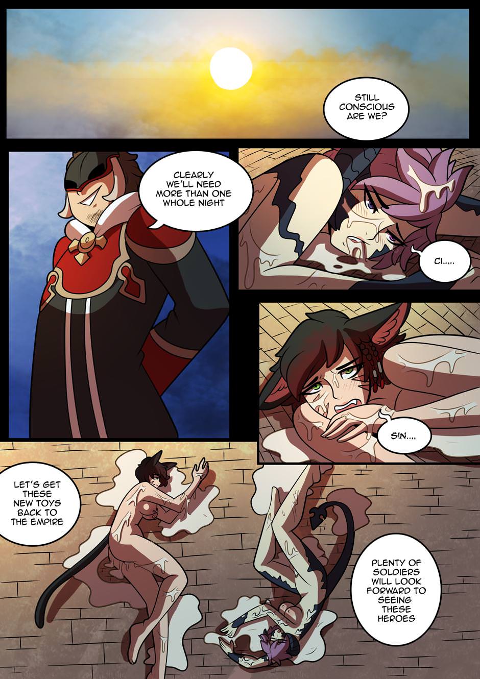 2girls, au ra, bondage, breasts, comic, english text, female, femsub, final fantasy, final fantasy xiv, kinkymation, miqo'te, multiple females, multiple girls, multiple subs, nude, rape, sin faye, xaela