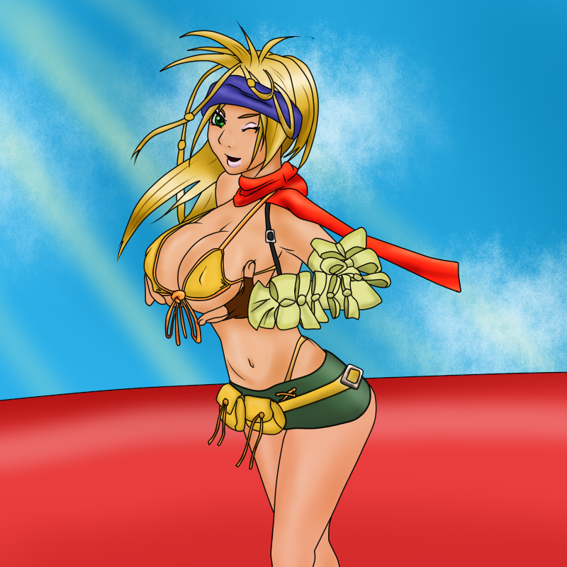 big_breasts bikini blonde_hair breast_grab breasts colored dark_skin epsilon42 female female_only final_fantasy final_fantasy_x final_fantasy_x-2 looking_at_viewer rikku scarf smile solo wink