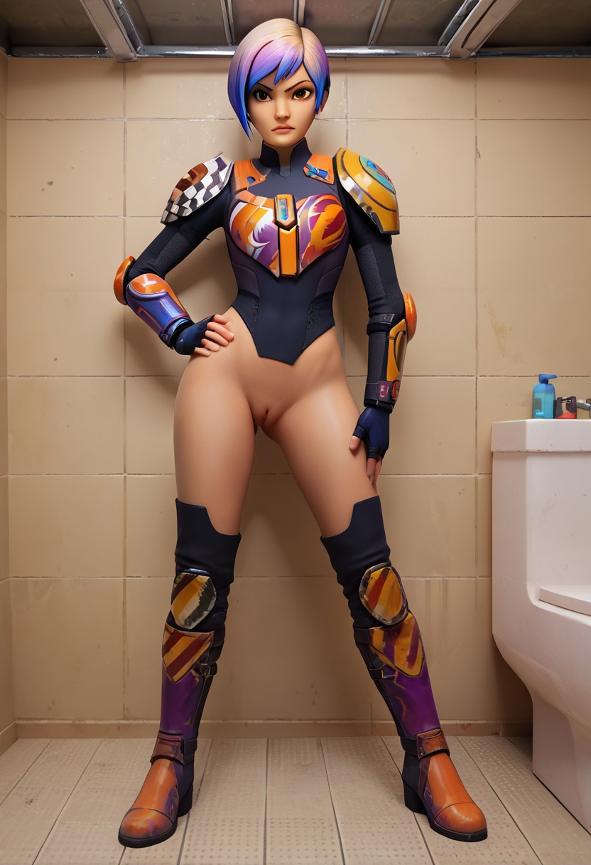 1girls ai_generated bathroom indoors looking_at_viewer presenting_pussy pussy sabine_wren solo solo_focus standing star_wars star_wars_rebels