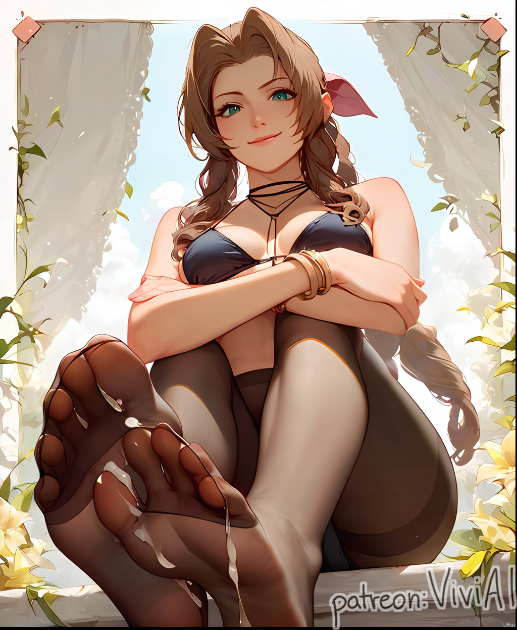 1girls aerith_gainsborough ai_generated bikini black_bra blonde_hair clothed crossed_arms cum cum_covered cum_on_feet feet feet_together female final_fantasy final_fantasy_vii foot_fetish foot_focus footwear green_eyes legwear long_hair looking_at_viewer pantyhose pov_feet semen semen_on_feet solo tagme viewed_from_below viviai