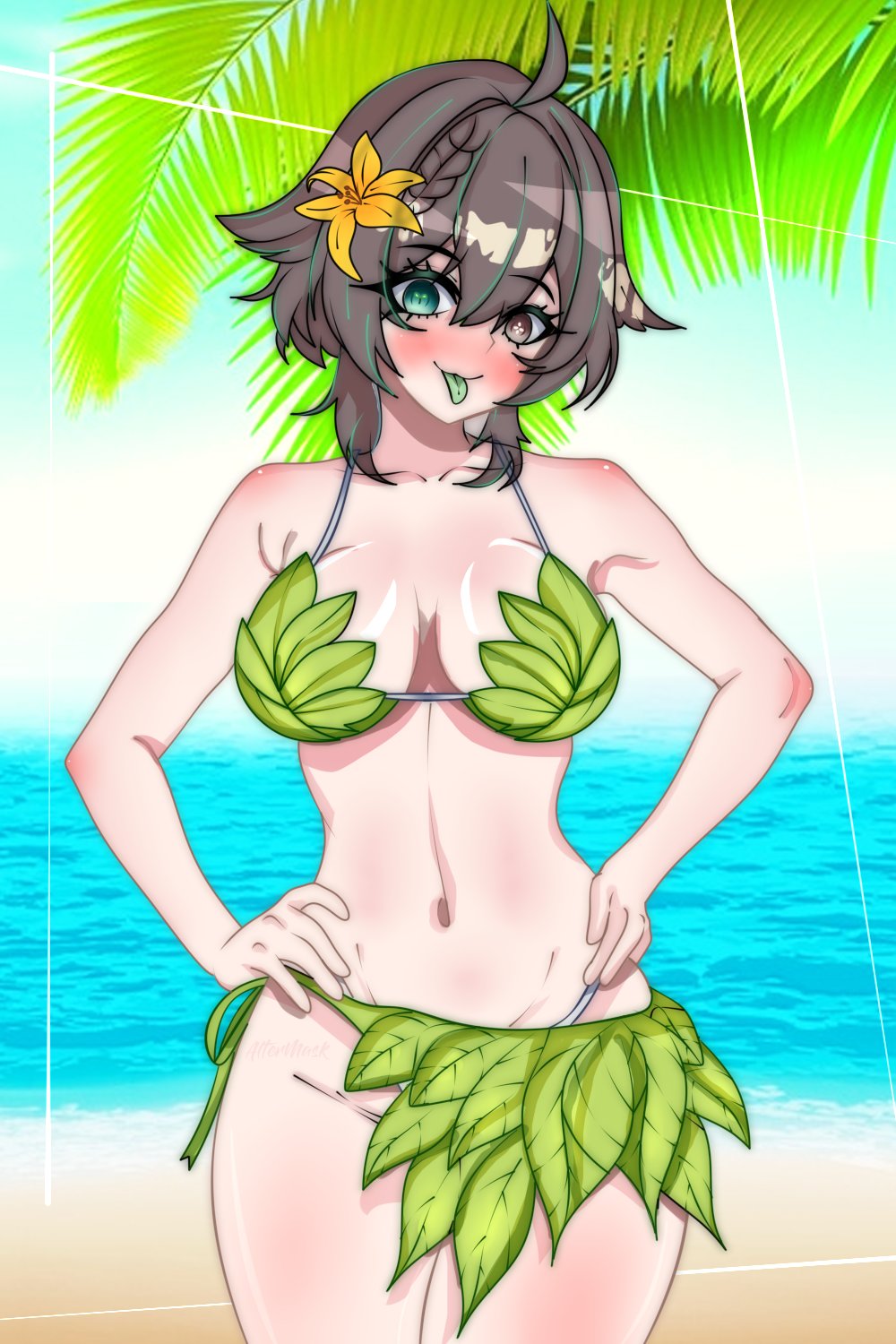 1girls beach bikini blush breasts brown_eyes brown_hair day former_idol_corp_member green_eyes heterochromia idol_corp idol_es latam_virtual_youtuber meica outdoors public short_hair solo_female swimsuit tagme thighs virtual_youtuber vtuber wicho_mask