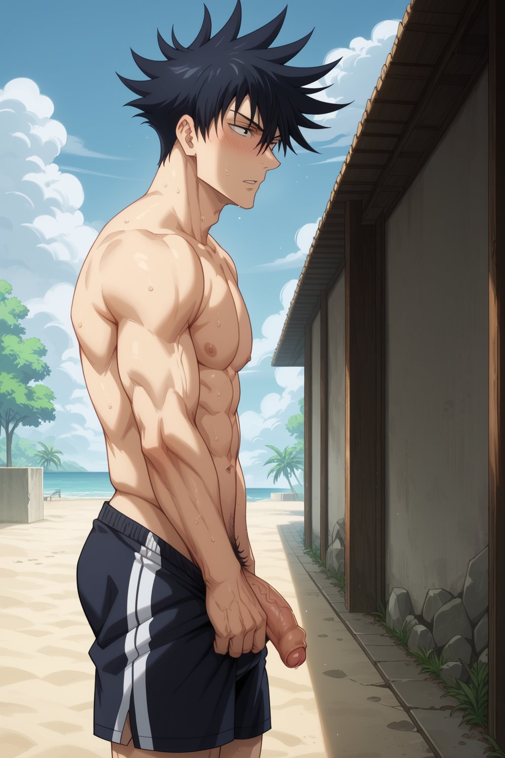 1boy abs ai_generated another_megumi bangs bara beach black_hair black_shorts blush clothes_pull cloud day erection fushiguro_megumi jujutsu_kaisen male_focus male_only male_pubic_hair male_swimwear muscular muscular_male navel nipples ocean outdoors pectorals penis pubic_hair sand short_hair shorts sky solo spiked_hair sweat toned_male topless_male tree uncensored veins veiny_penis