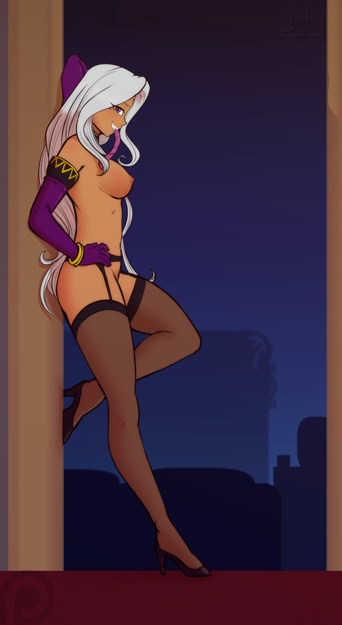areolae, breasts, candy, clenched teeth, dark skin, dark-skinned female, elbow gloves, facial mark, female, forehead mark, hand on hip, high heels, long hair, looking at viewer, mouth hold, nipples, oh my goddess!, purple eyes, scorpdk, sideboob, silver hair, small breasts, smile, solo, stockings, urd