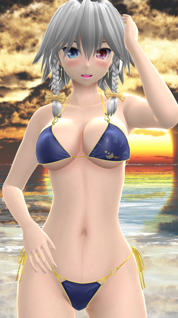 1girls 2023 3d armpit beach belly_button bikini blue_bikini blush breasts cleavage clouds embodiment_of_scarlet_devil grey_hair_female hati_yukkuri_mmd heterochromia human mmd one_arm_up open_mouth outdoors sakuya_izayoi short_hair_female sky solo_female solo_focus sunset swimsuit touhou waist water yellow_bowtie