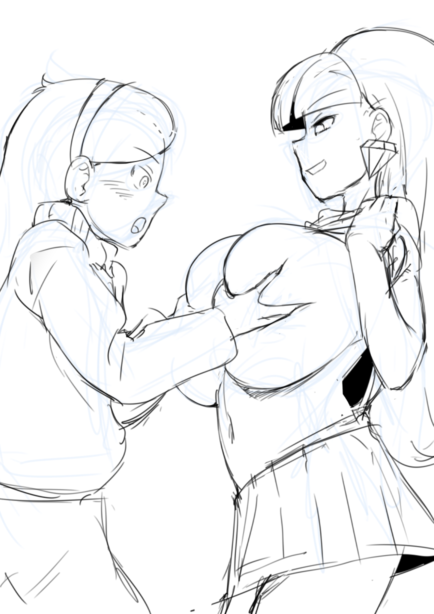 2girls, 47k, alternate breast size, big breasts, blush, bouffant, breast envy, breast grab, breast hold, breast squeeze, breasts, clothed, crop top, disney, disney channel, disney xd, earrings, eyebrows, eyebrows visible through hair, eyeshadow, female, female only, gravity falls, hairband, heart, heart-shaped pupils, hi res, high resolution, highres, huge breasts, human, large breasts, long hair, mabel pines, midriff, navel, open mouth, pacifica northwest, plain background, purple eyeshadow, rough sketch, shirt lift, side view, sketch, skirt, smirk, smug, surprised, sweater, white background, white female, yuri
