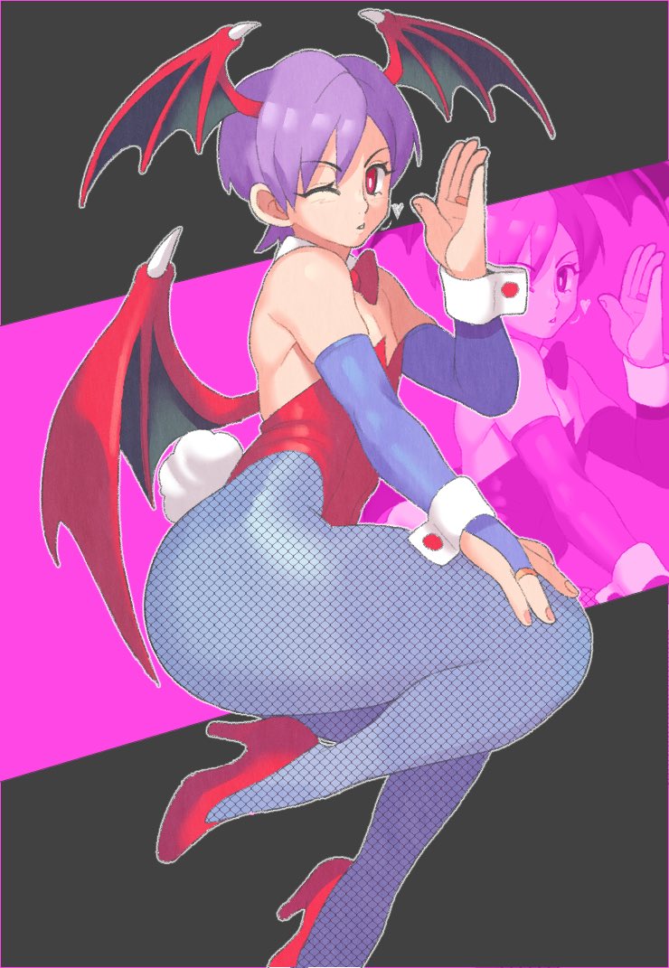 ass big_ass bunny_ears bunny_girl bunnysuit capcom champchidi darkstalkers fishnets flat_chest high_heels lilith_aensland petite pink_hair seductive succubus wings winking_at_viewer