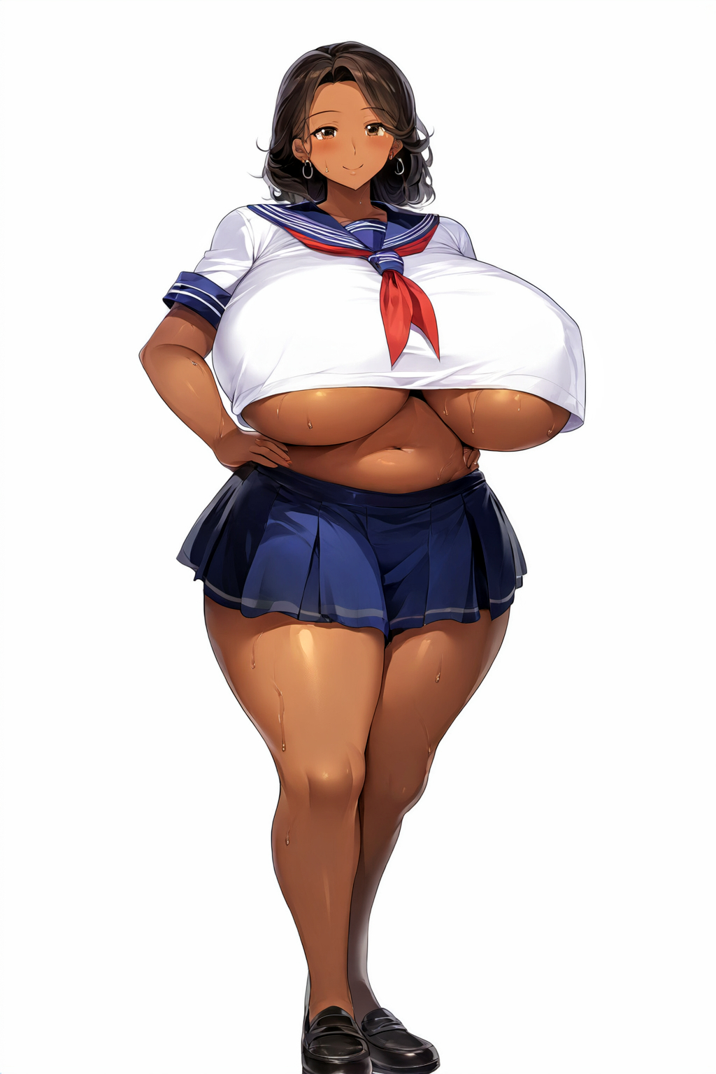 ai_generated belly belly_button big_breasts black_hair blue_skirt breasts breasts_bigger_than_head collarbone dark-skinned_female dark_skin female gigantic_breasts huge_breasts human major_chichisky massive_breasts original pleated_skirt revealing_clothes school_uniform schoolgirl schoolgirl_uniform serafuku solo sweat sweaty thick_thighs underboob